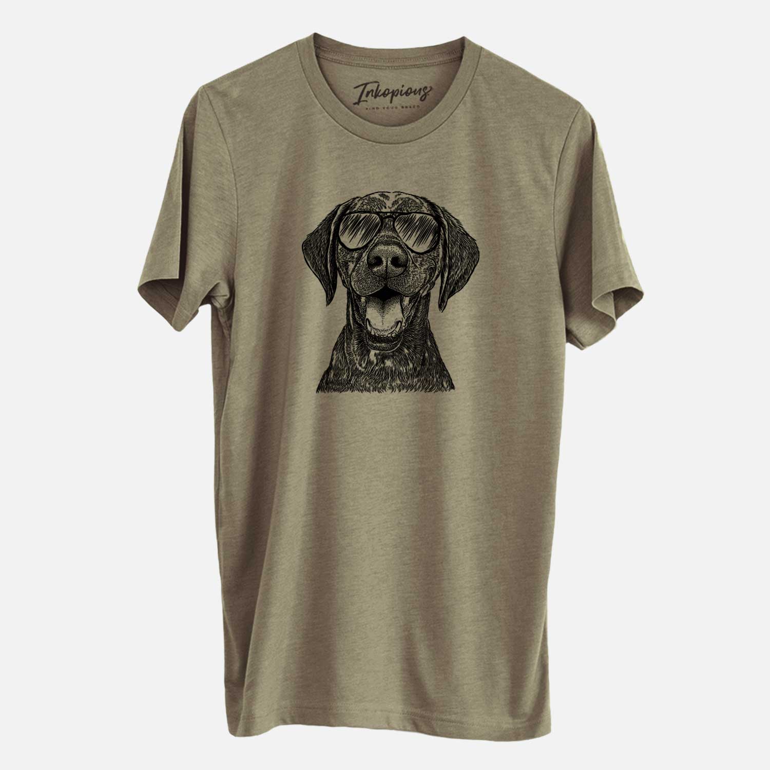 Hand-drawn sketch of Hudson the German Shorthaired Pointer wearing aviator sunglasses on an Olive Unisex crewneck