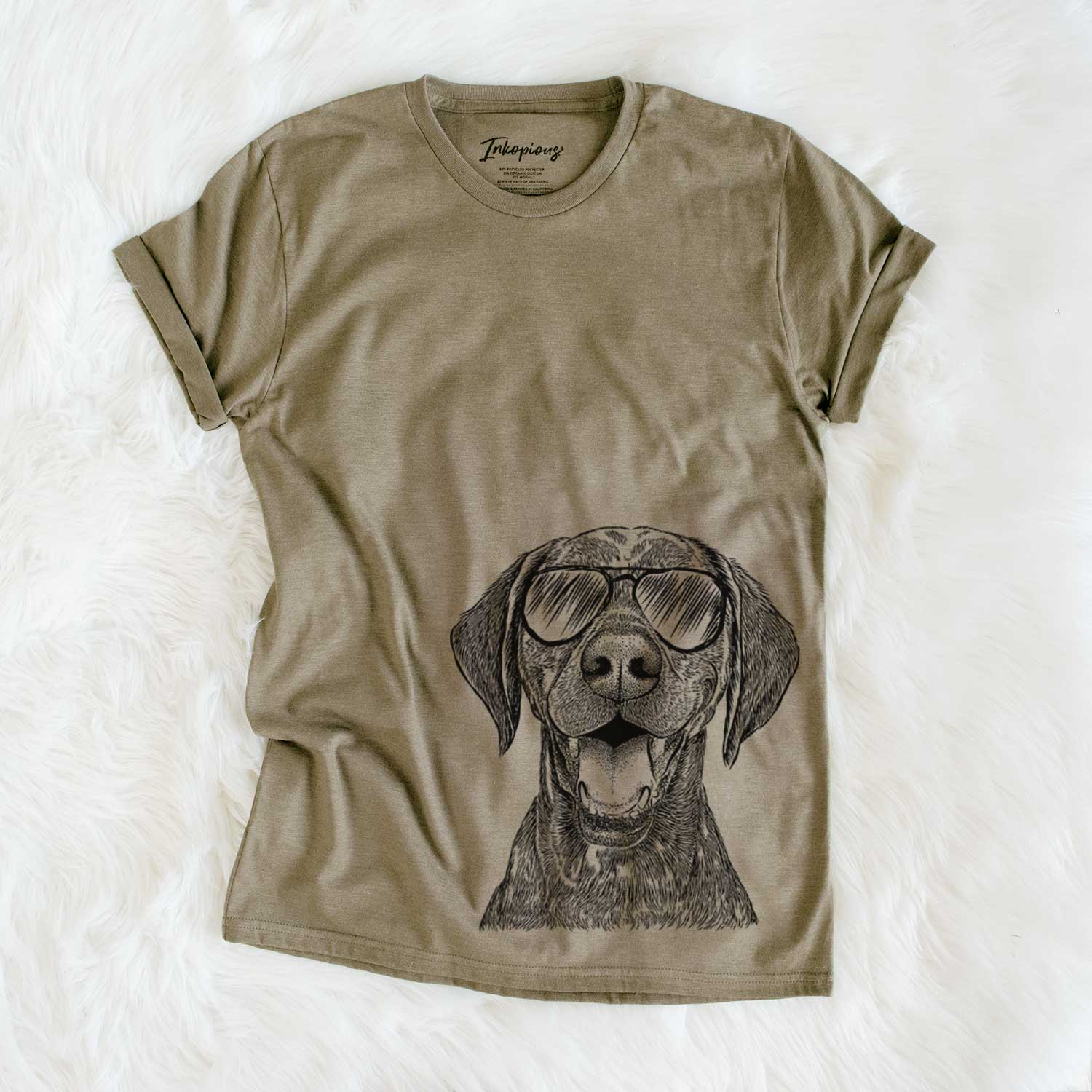 Hand-drawn sketch of Hudson the German Shorthaired Pointer wearing aviator sunglasses on an Olive Unisex crewneck
