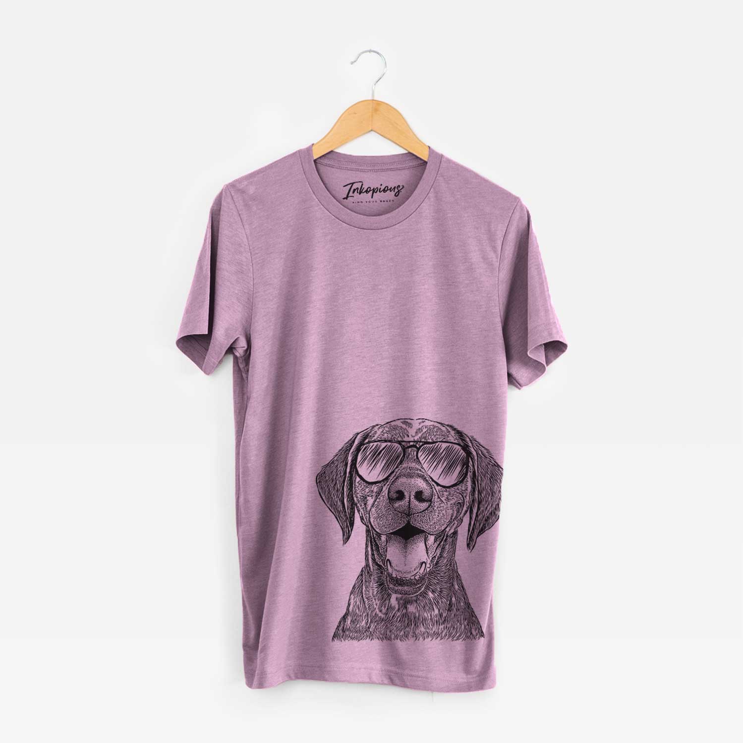 Hand-drawn sketch of Hudson the German Shorthaired Pointer wearing aviator sunglasses on an Orchid Unisex crewneck