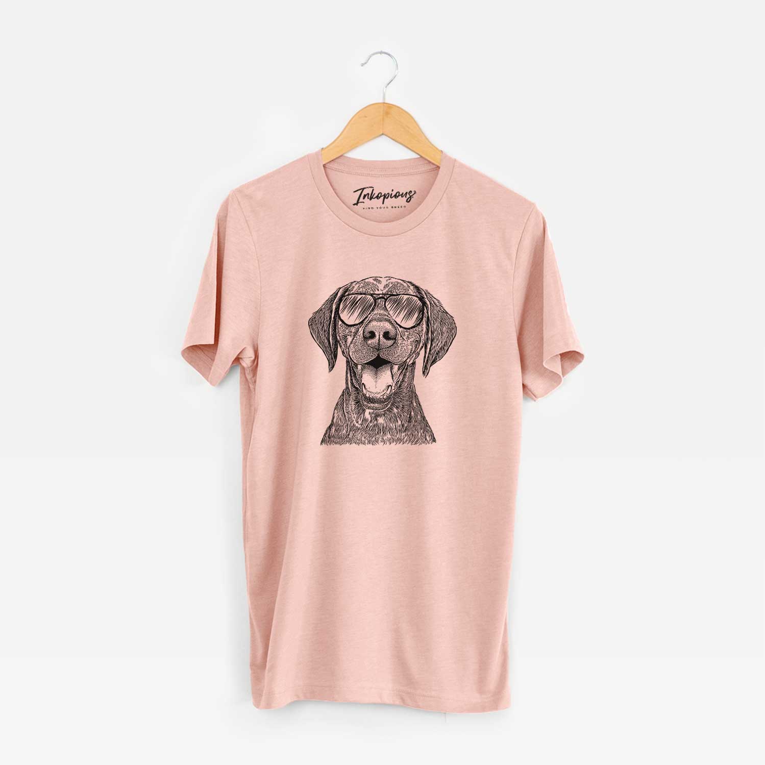 Hand-drawn sketch of Hudson the German Shorthaired Pointer wearing aviator sunglasses on a Peach Unisex crewneck