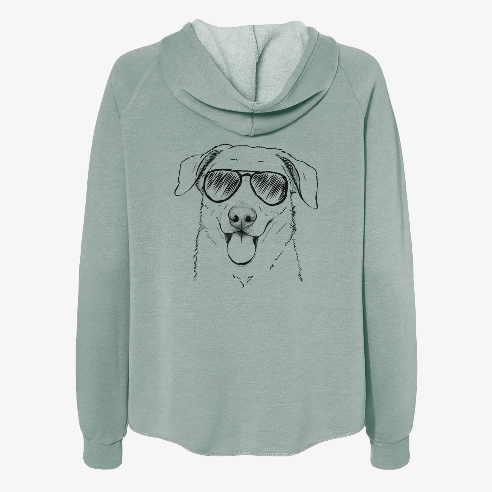 Hand-drawn sketch of Hudson the Shepherd wearing aviator sunglasses on a Sage Women's cali wave zip-up sweatshirt