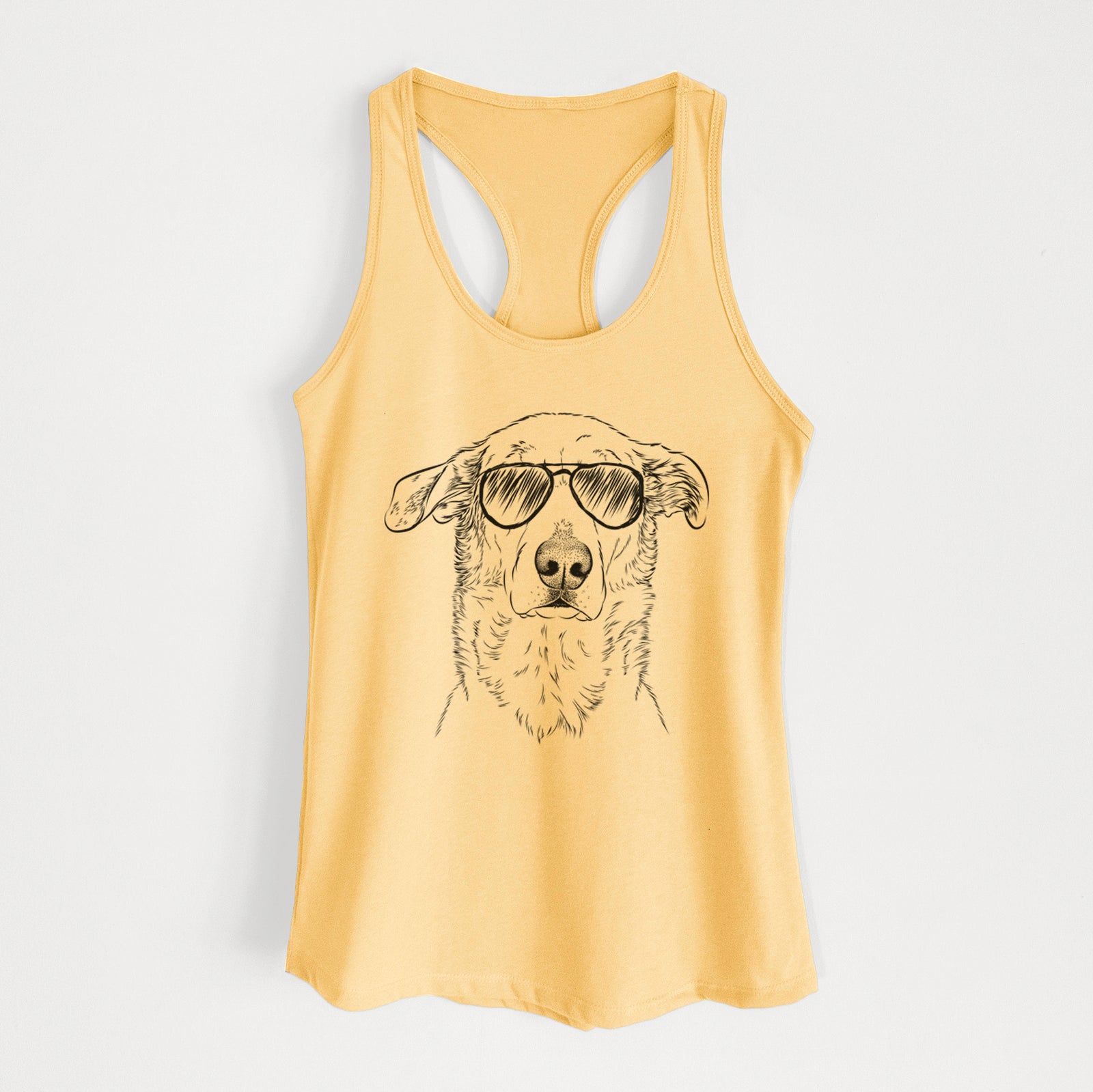 Hand-drawn sketch of Hurricane the Chinook wearing aviator sunglasses on a Banana Cream Women's racerback tanktop