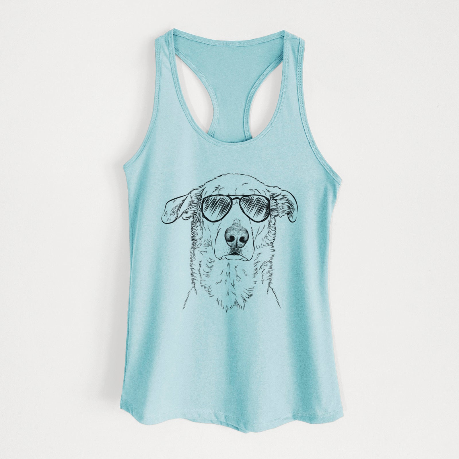 Hand-drawn sketch of Hurricane the Chinook wearing aviator sunglasses on a Cancun Blue Women's racerback tanktop