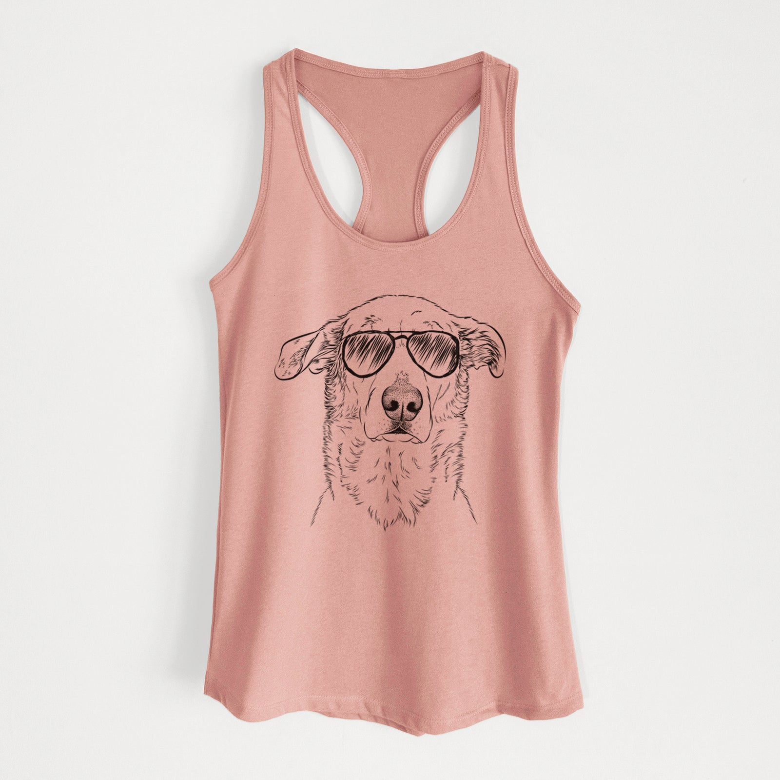 Hand-drawn sketch of Hurricane the Chinook wearing aviator sunglasses on a Desert Pink Women's racerback tanktop