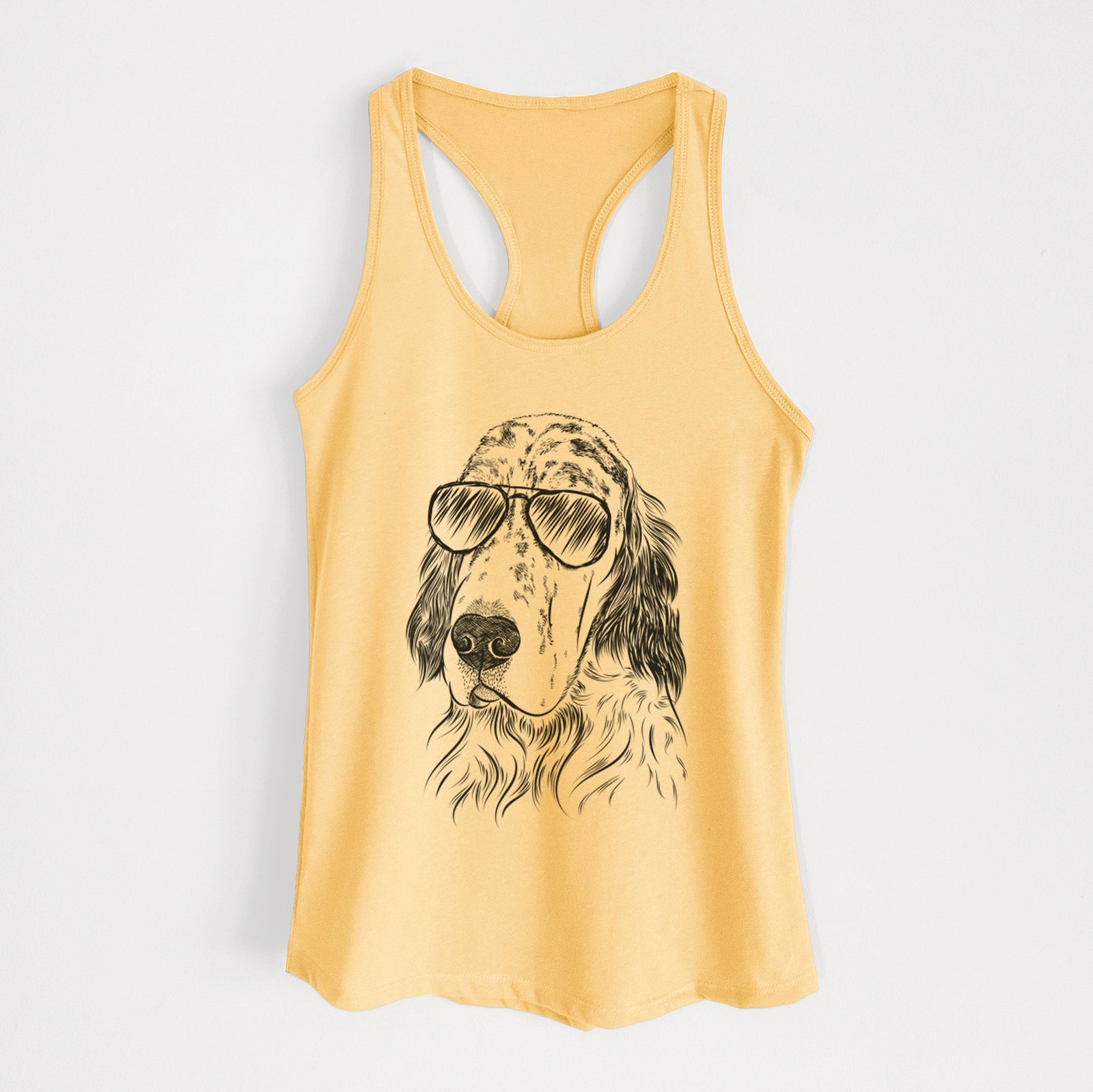 Hand-drawn sketch of Hutch the English Setter wearing aviator sunglasses on a Banana Cream Women's racerback tanktop