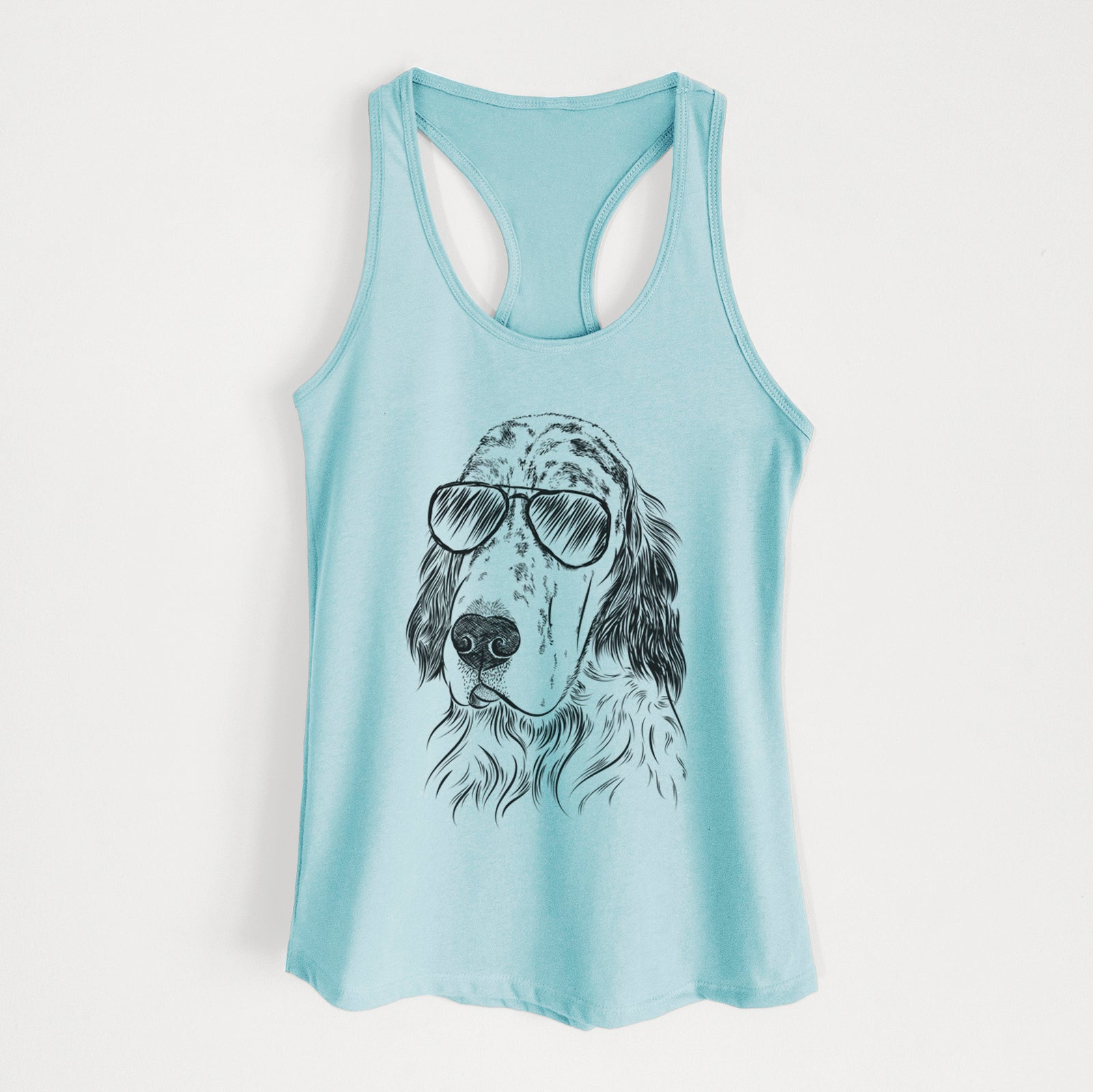 Hand-drawn sketch of Hutch the English Setter wearing aviator sunglasses on a Cancun Blue Women's racerback tanktop