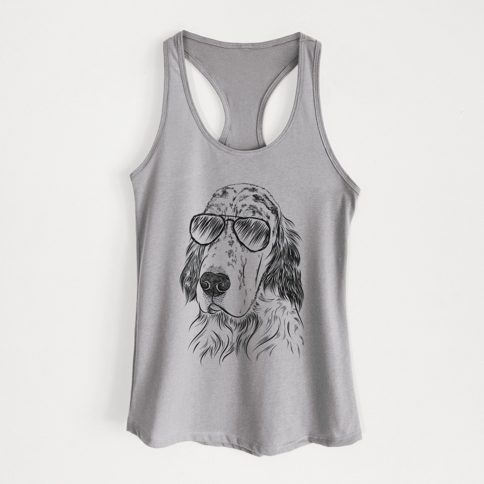Hand-drawn sketch of Hutch the English Setter wearing aviator sunglasses on a Heather Grey Women's racerback tanktop