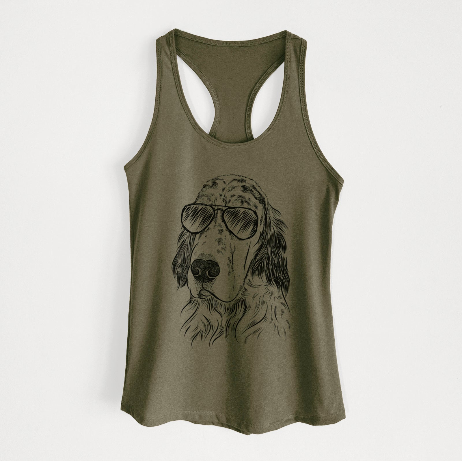 Hand-drawn sketch of Hutch the English Setter wearing aviator sunglasses on a Military Green Women's racerback tanktop