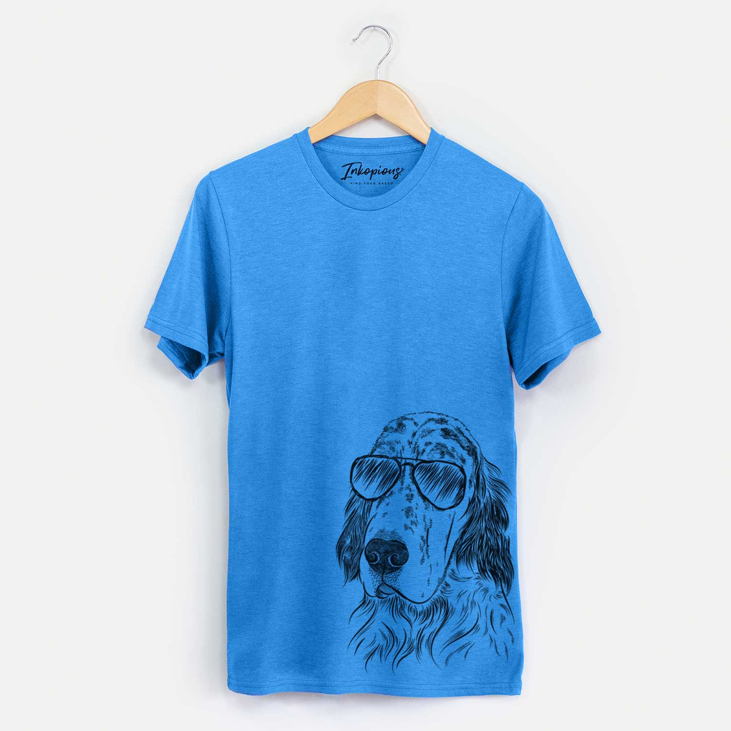 Hand-drawn sketch of Hutch the English Setter wearing aviator sunglasses on a Blue Unisex crewneck