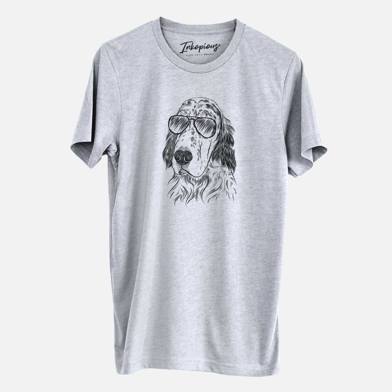 Hand-drawn sketch of Hutch the English Setter wearing aviator sunglasses on a Grey Unisex crewneck