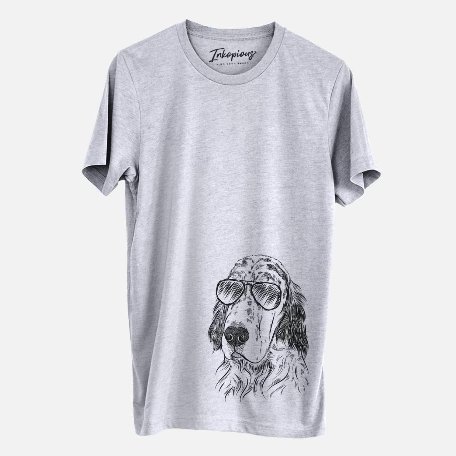 Hand-drawn sketch of Hutch the English Setter wearing aviator sunglasses on a Grey Unisex crewneck
