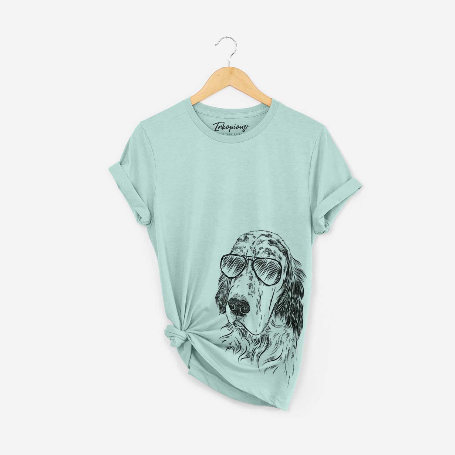 Hand-drawn sketch of Hutch the English Setter wearing aviator sunglasses on a Heather Sage Bella Canvas Unisex Crewneck