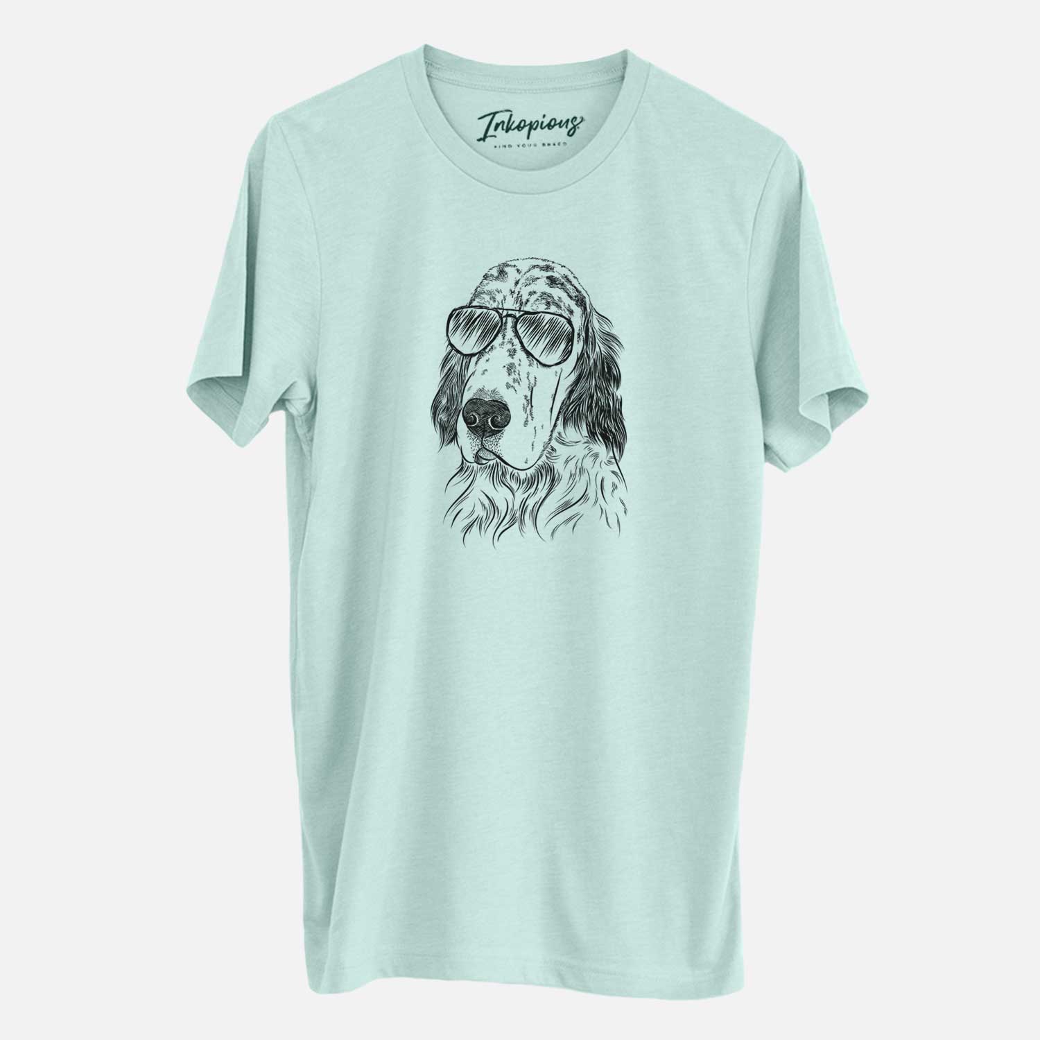 Hand-drawn sketch of Hutch the English Setter wearing aviator sunglasses on a Heather Sage Unisex crewneck