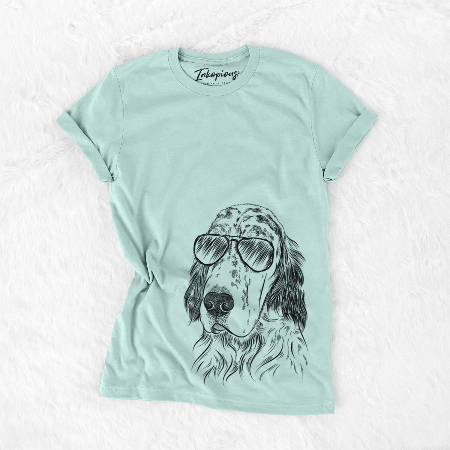 Hand-drawn sketch of Hutch the English Setter wearing aviator sunglasses on a Heather Sage Unisex crewneck