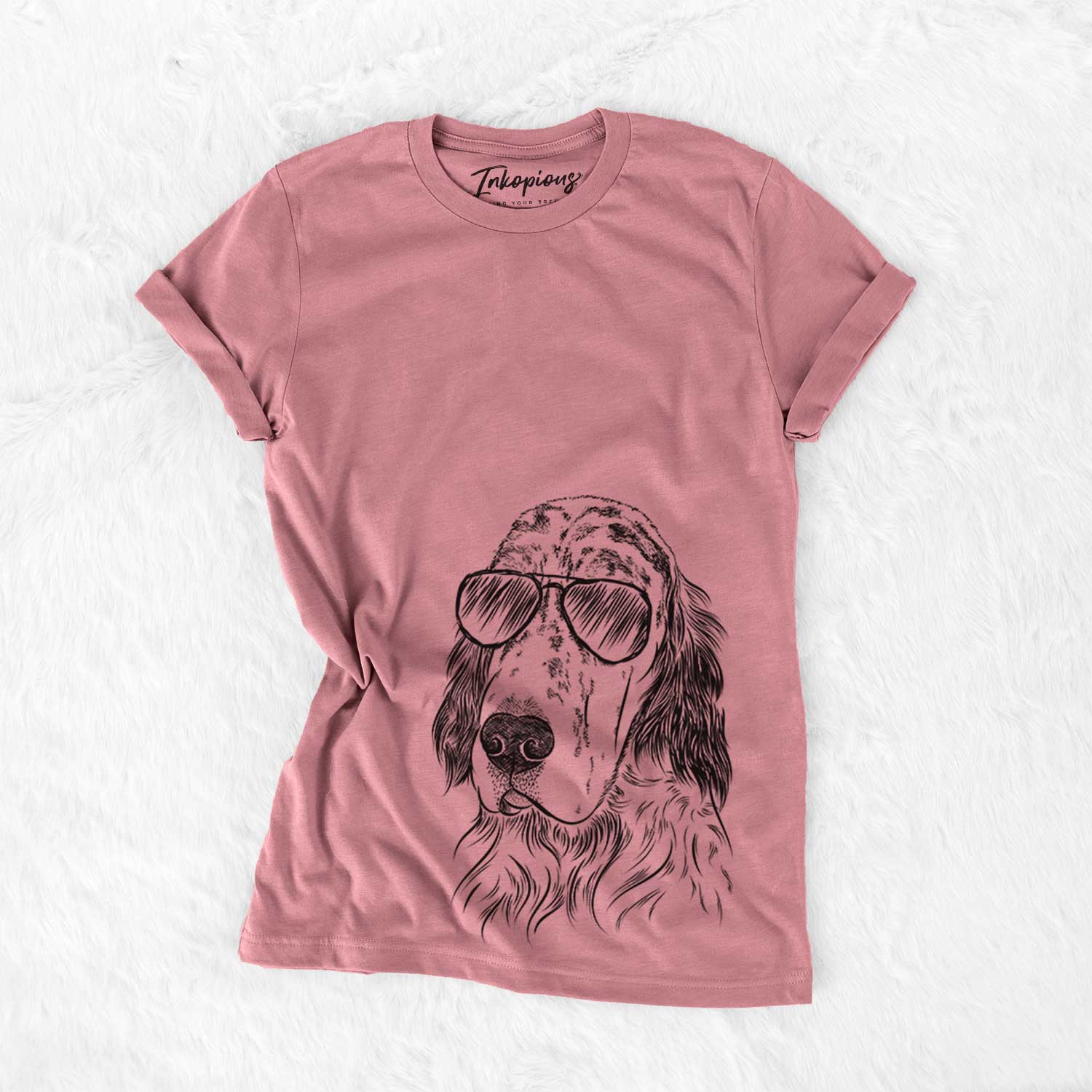 Hand-drawn sketch of Hutch the English Setter wearing aviator sunglasses on a Mauve Bella Canvas Unisex Crewneck