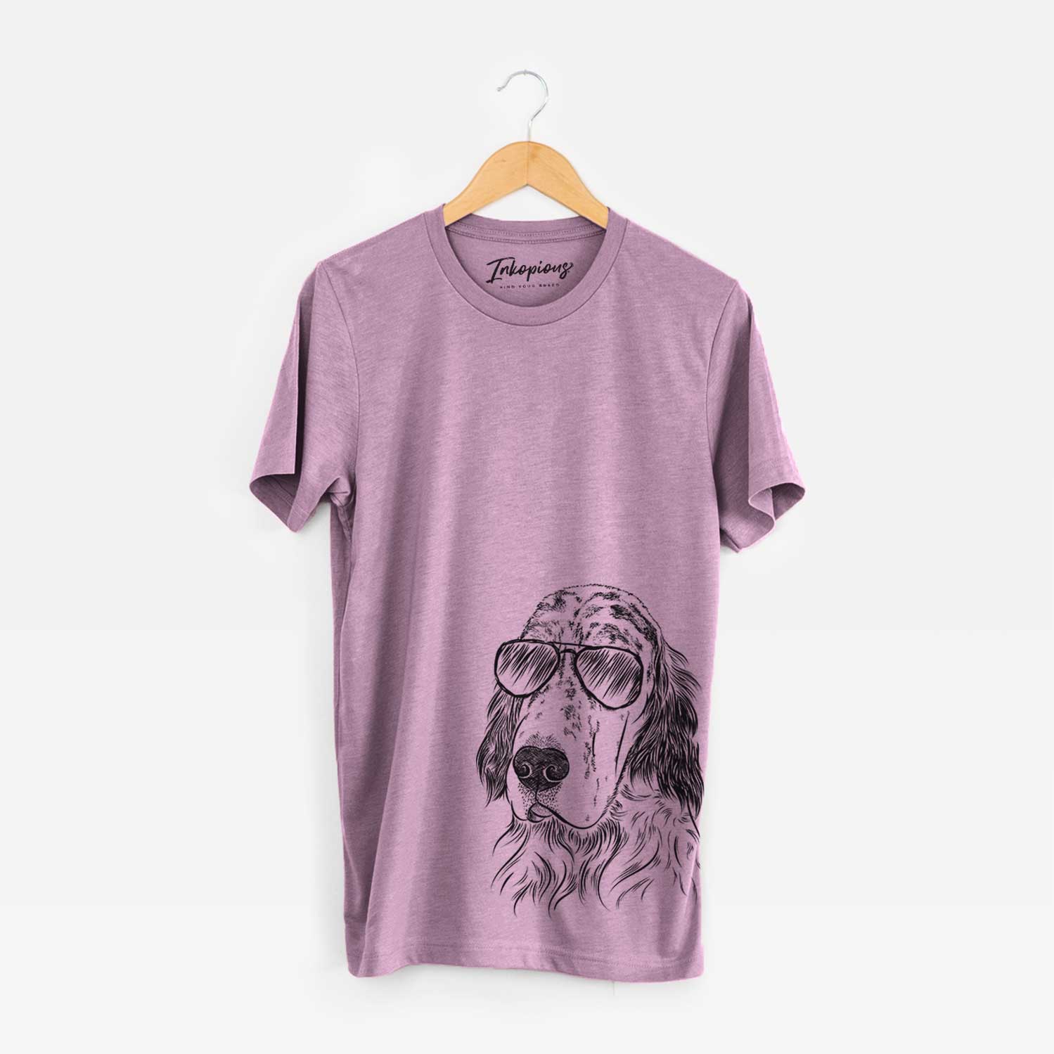 Hand-drawn sketch of Hutch the English Setter wearing aviator sunglasses on an Orchid Bella Canvas Unisex Crewneck