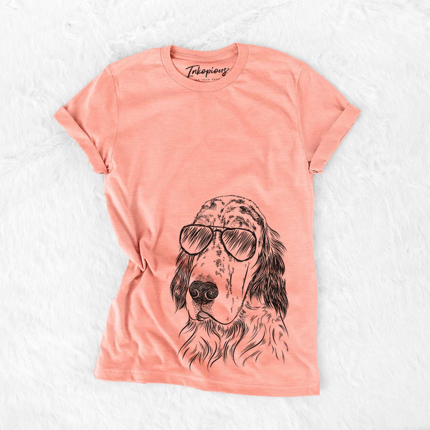 Hand-drawn sketch of Hutch the English Setter wearing aviator sunglasses on a Sunset Bella Canvas Unisex Crewneck