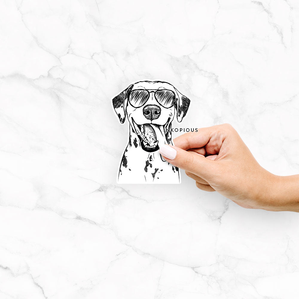Hand-drawn sketch of Hydro the Dalmatian wearing aviator sunglasses on a decal sticker