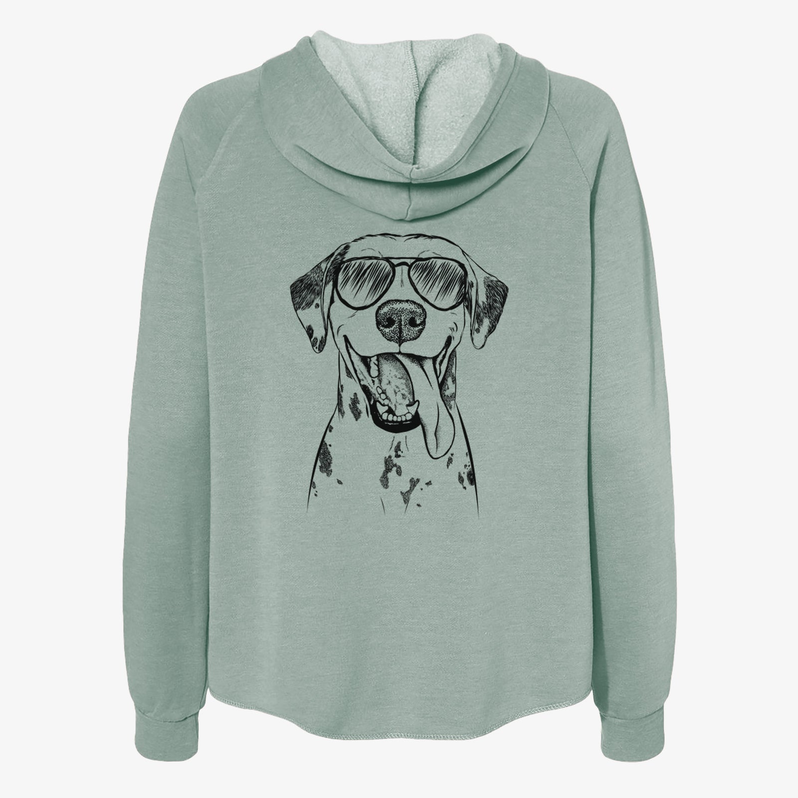 Hand-drawn sketch of Hydro the Dalmatian wearing aviator sunglasses on a Sage Women's cali wave zip-up sweatshirt