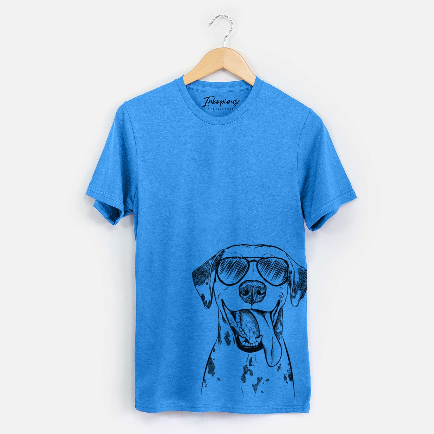Hand-drawn sketch of Hydro the Dalmatian wearing aviator sunglasses on a Blue Unisex crewneck