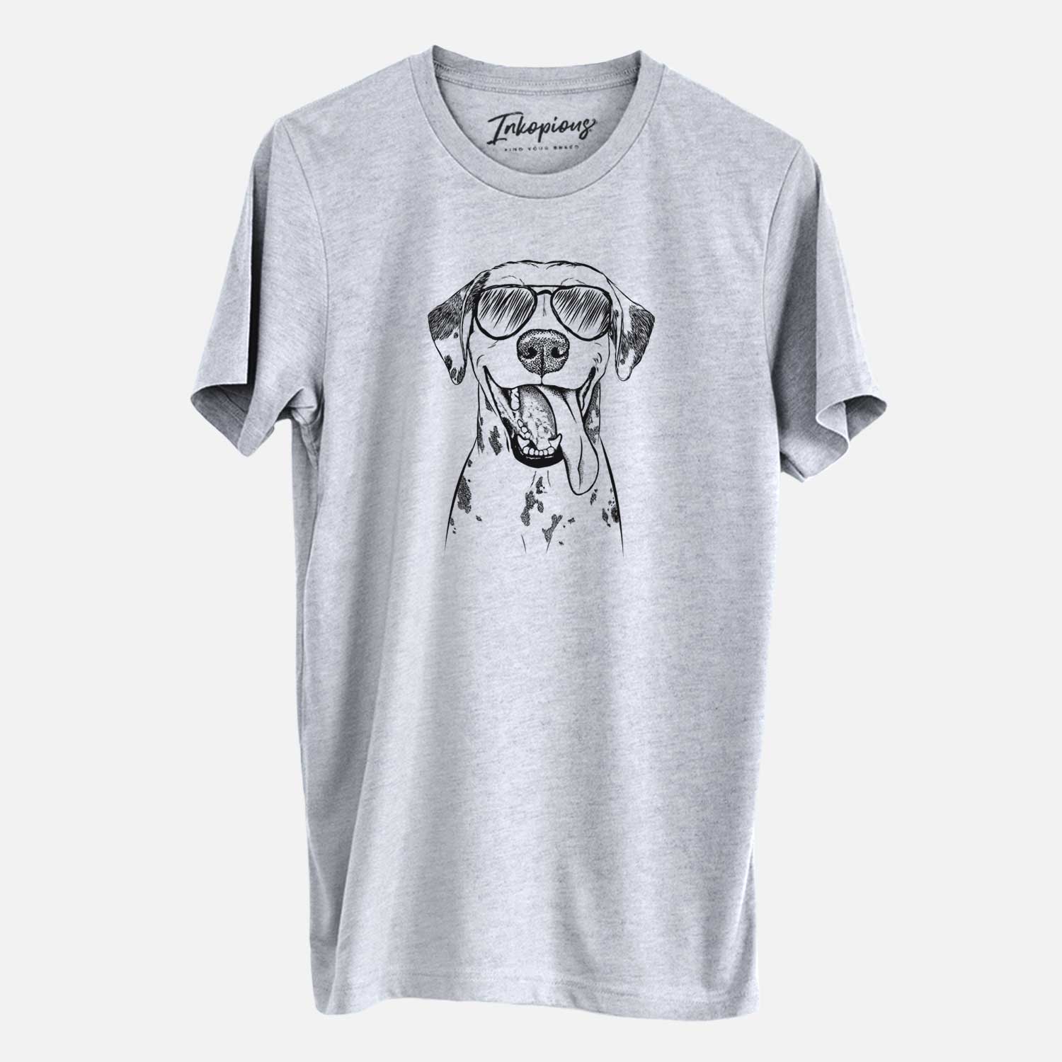 Hand-drawn sketch of Hydro the Dalmatian wearing aviator sunglasses on a Grey Unisex crewneck