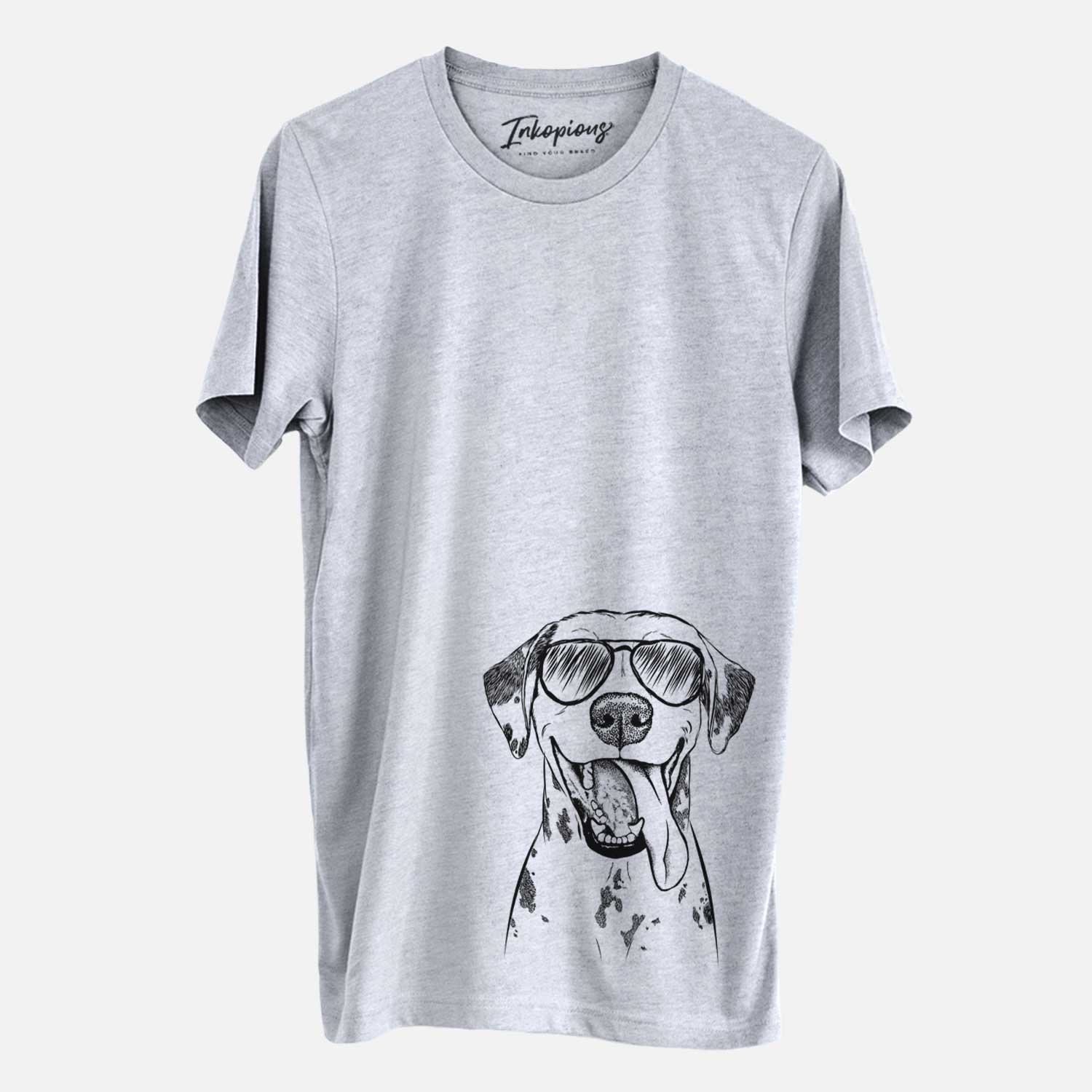 Hand-drawn sketch of Hydro the Dalmatian wearing aviator sunglasses on a Grey Unisex crewneck