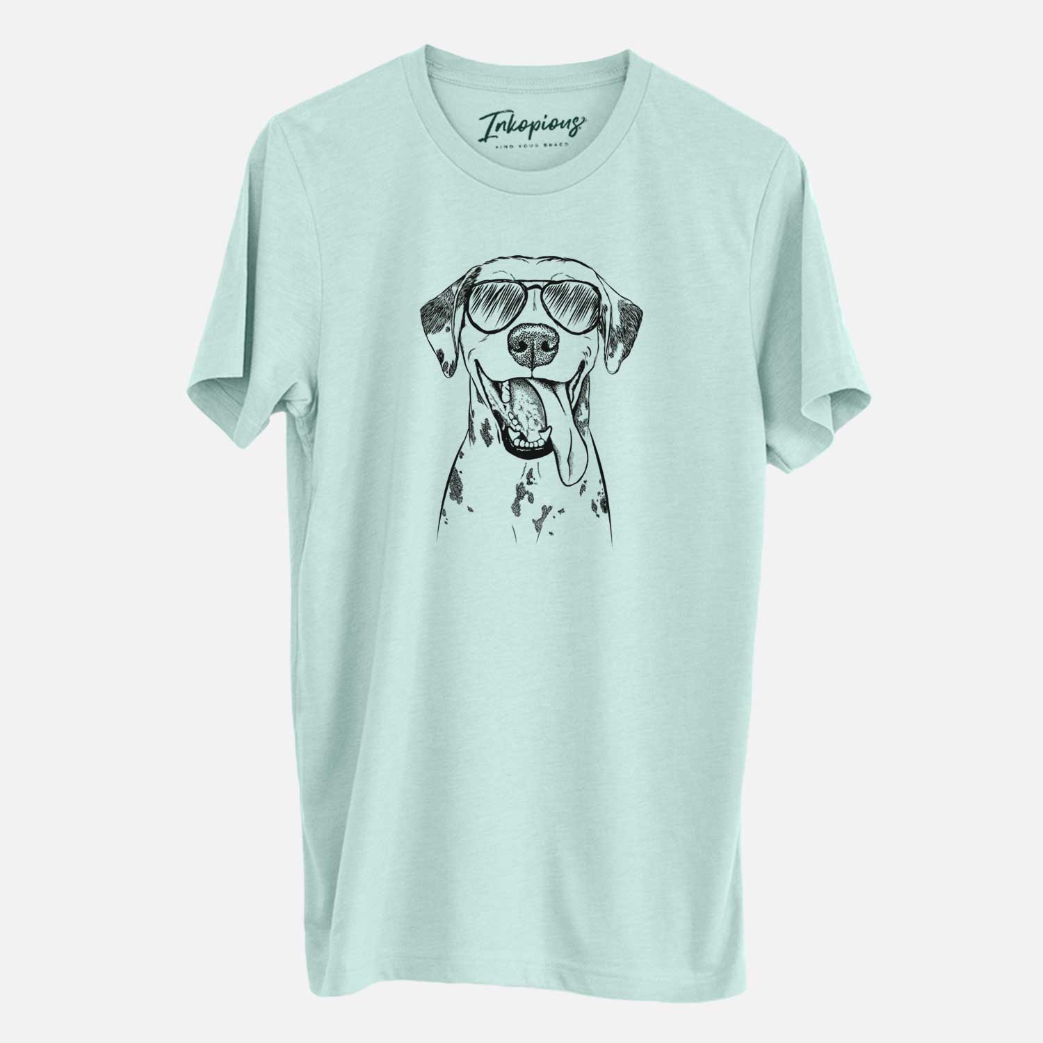 Hand-drawn sketch of Hydro the Dalmatian wearing aviator sunglasses on a Heather Sage Unisex crewneck