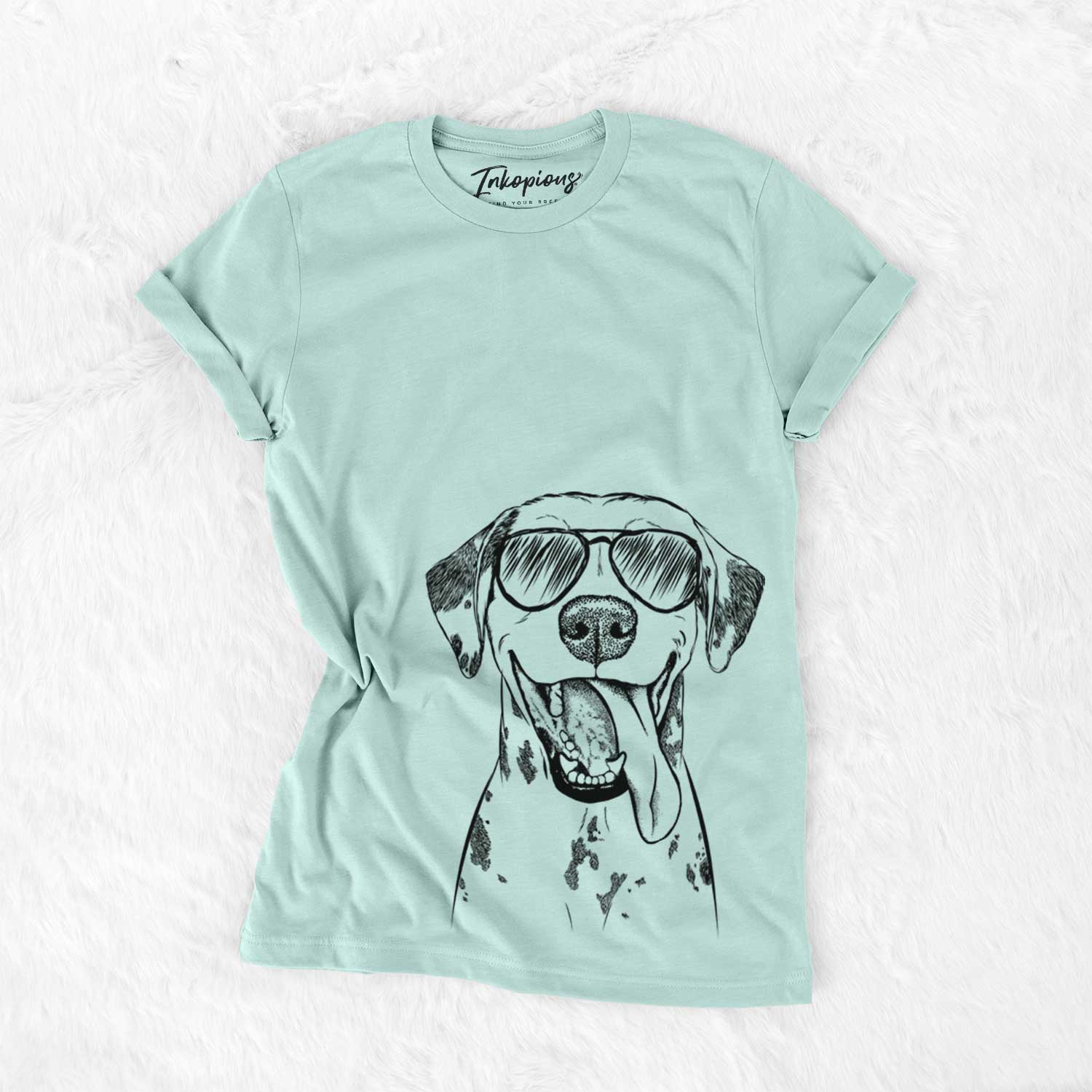 Hand-drawn sketch of Hydro the Dalmatian wearing aviator sunglasses on a Heather Sage Unisex crewneck