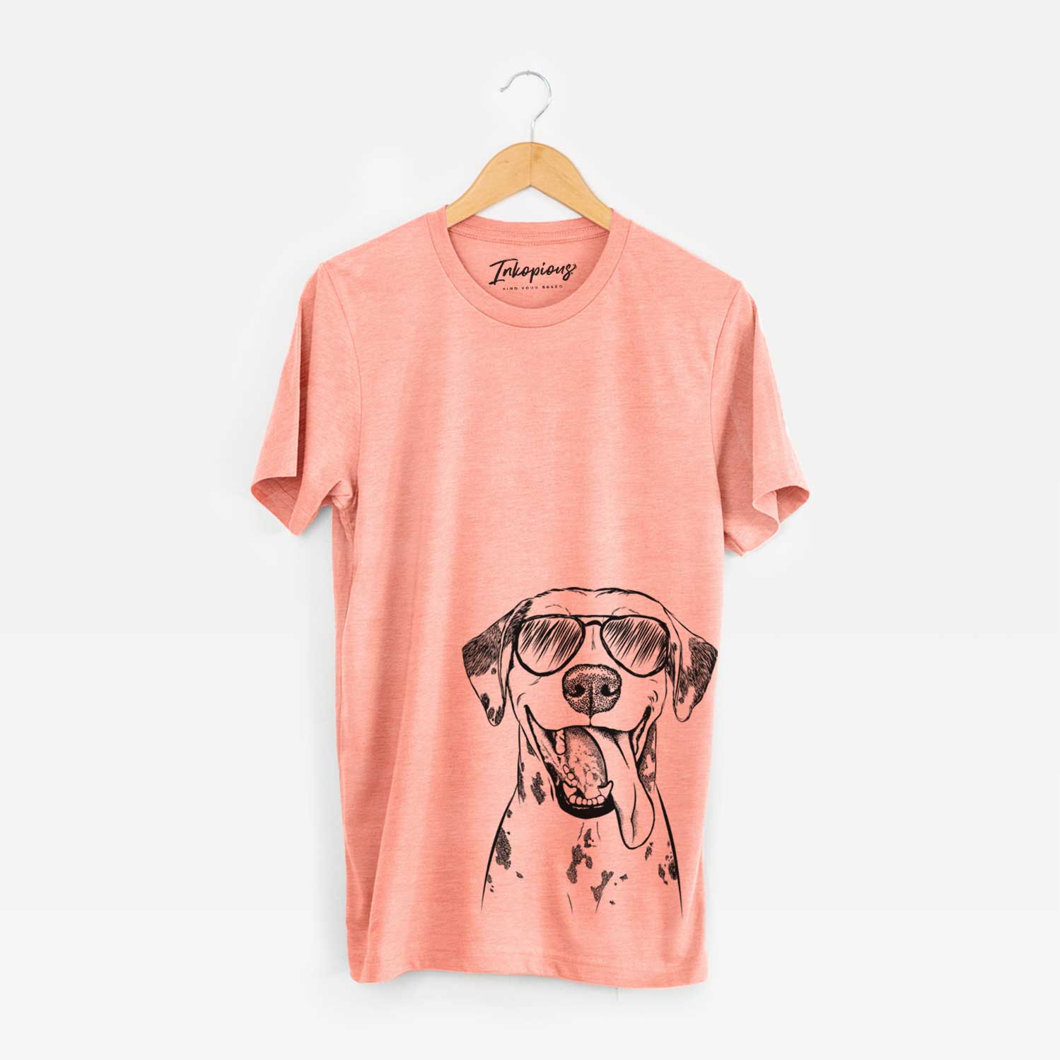 Hand-drawn sketch of Hydro the Dalmatian wearing aviator sunglasses on a Sunset Unisex crewneck