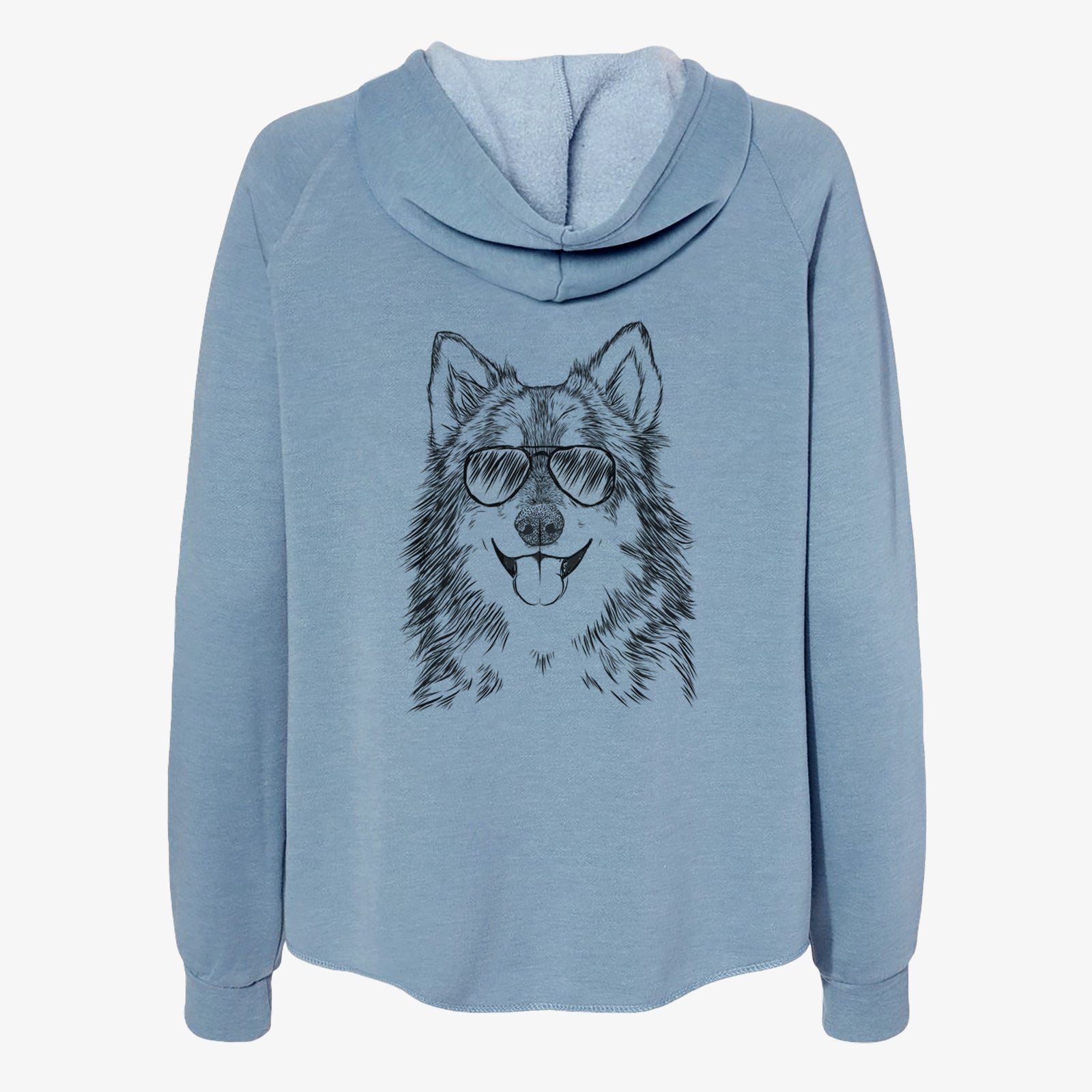 Hand-drawn sketch of Iben the Utonagan wearing aviator sunglasses on a Misty Blue Women's cali wave zip-up sweatshirt