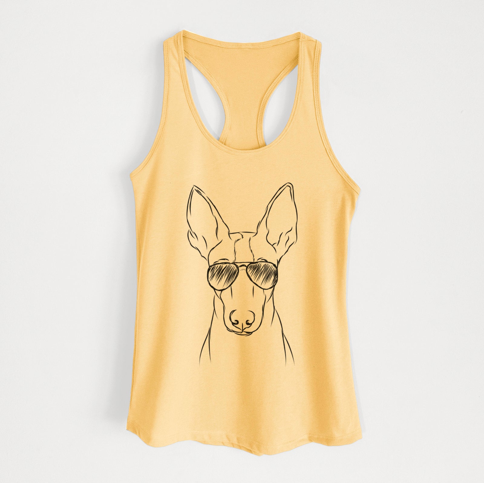 Hand-drawn sketch of Indy the Ibizan Hound wearing aviator sunglasses on a Banana Cream Women's racerback tanktop
