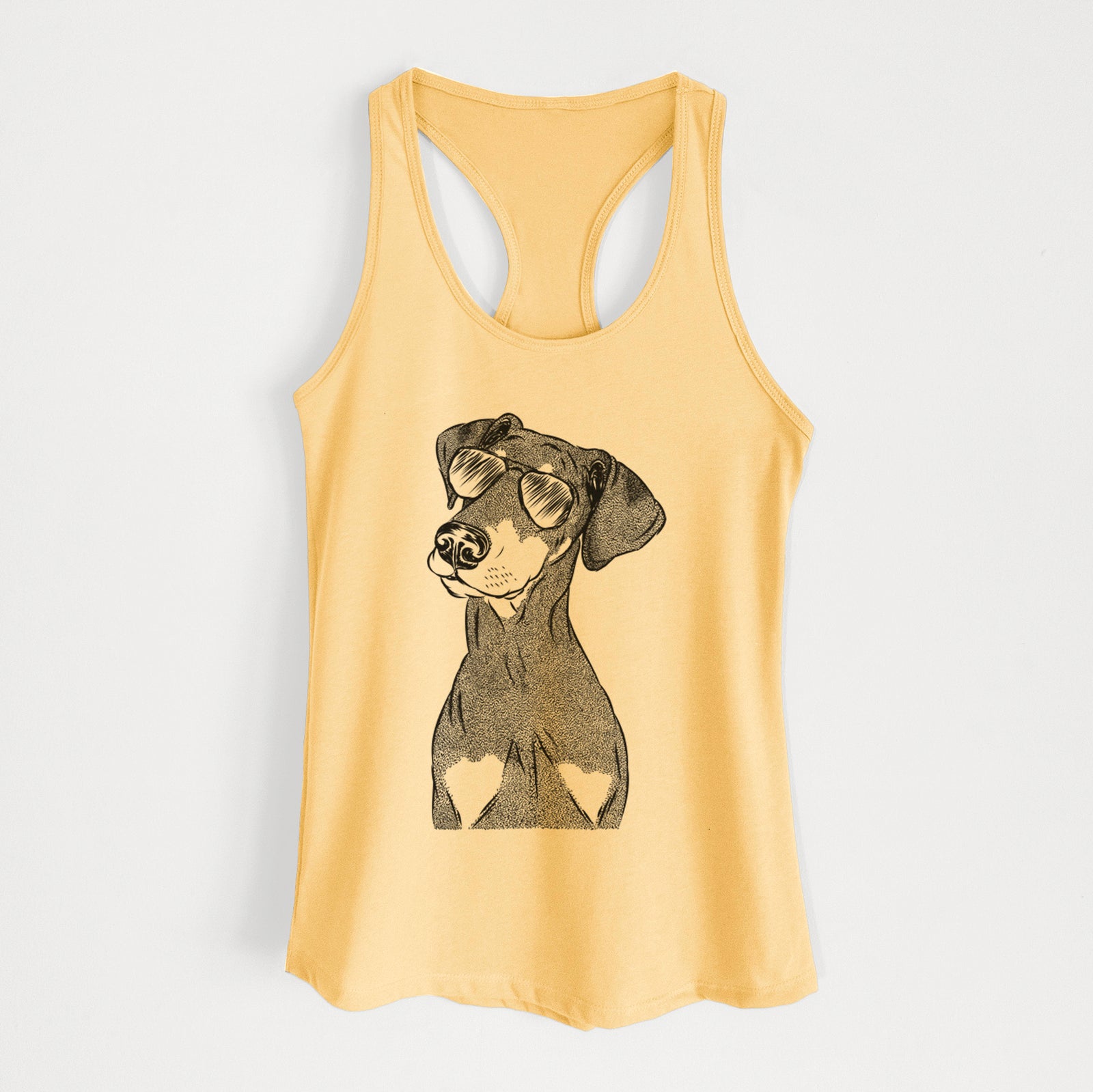 Hand-drawn sketch of Iroh the Doberman Pinscher wearing aviator sunglasses on a Banana Cream Women's racerback tanktop