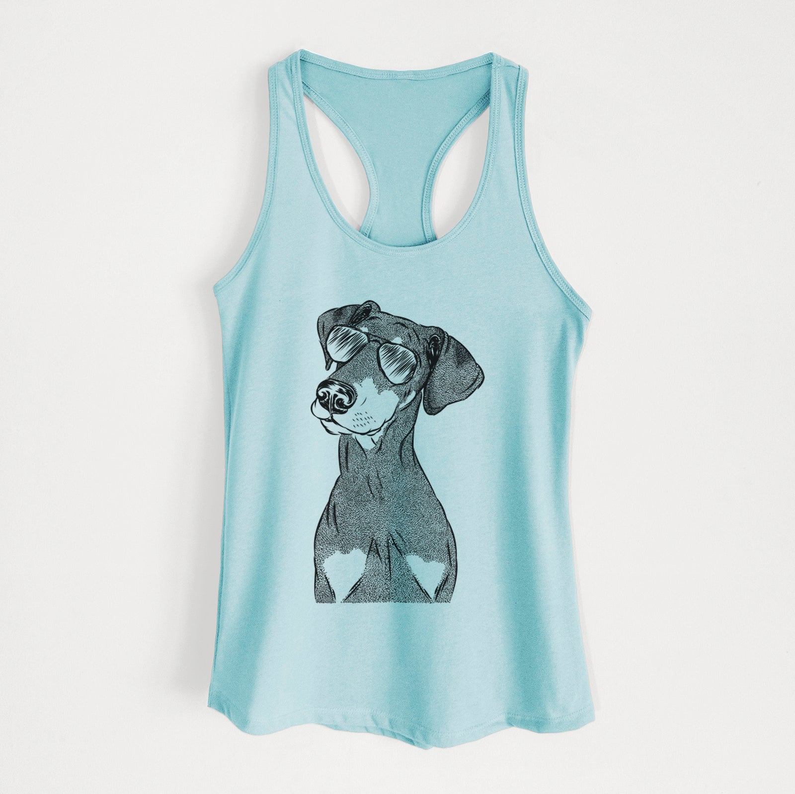 Hand-drawn sketch of Iroh the Doberman Pinscher wearing aviator sunglasses on a Cancun Blue Women's racerback tanktop