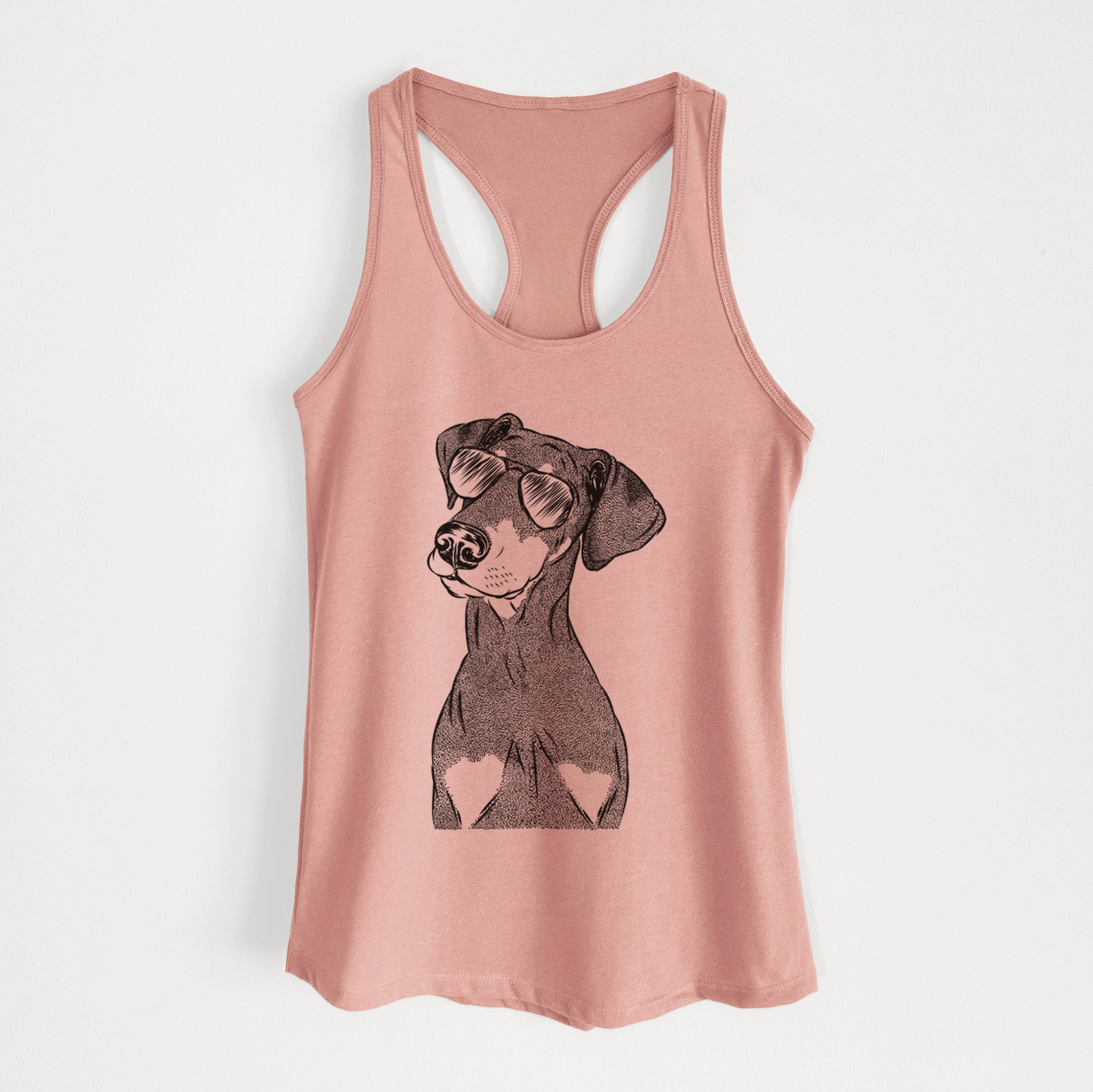 Hand-drawn sketch of Iroh the Doberman Pinscher wearing aviator sunglasses on a Desert Pink Women's racerback tanktop