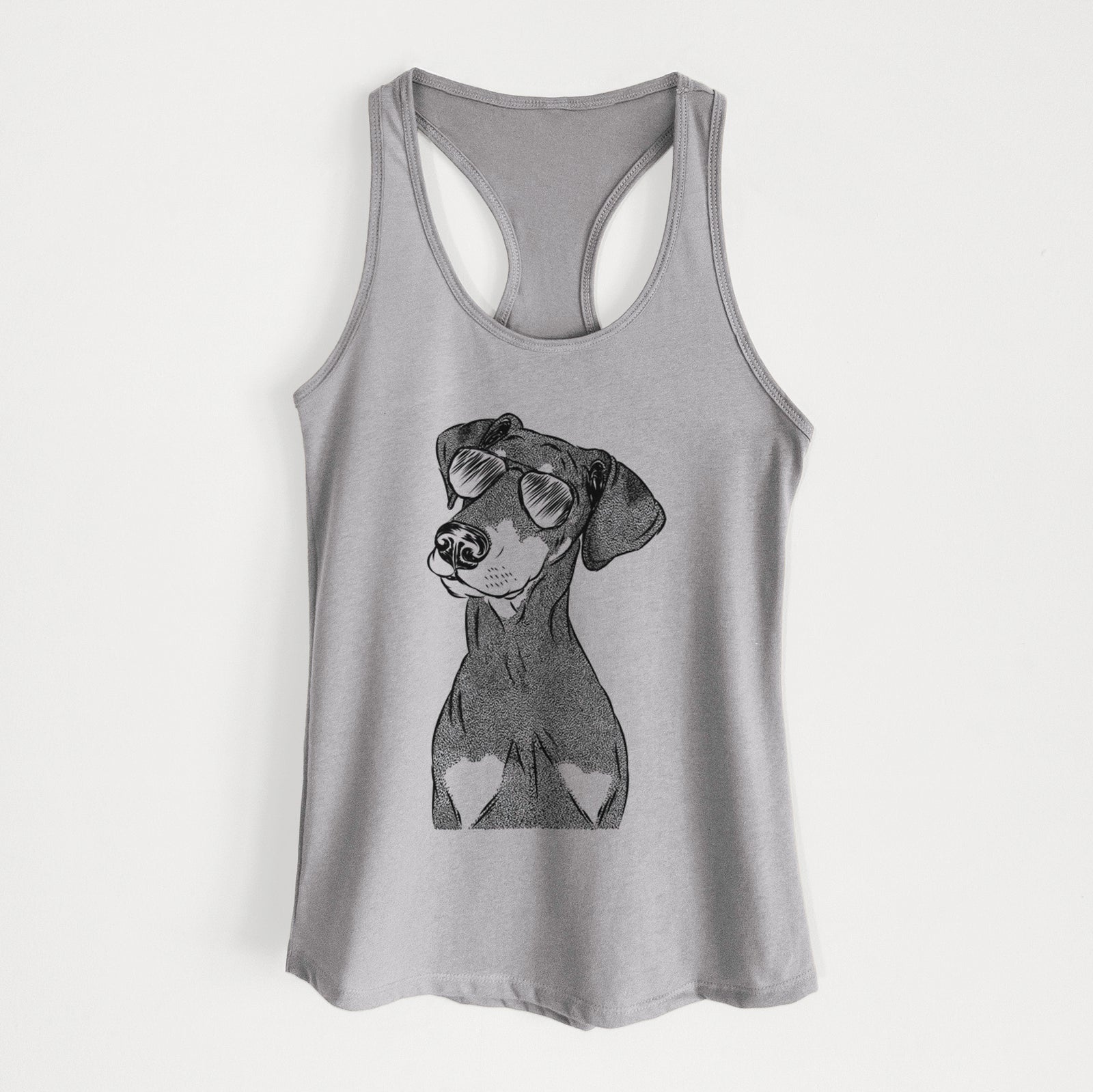 Hand-drawn sketch of Iroh the Doberman Pinscher wearing aviator sunglasses on a Heather Grey Women's racerback tanktop