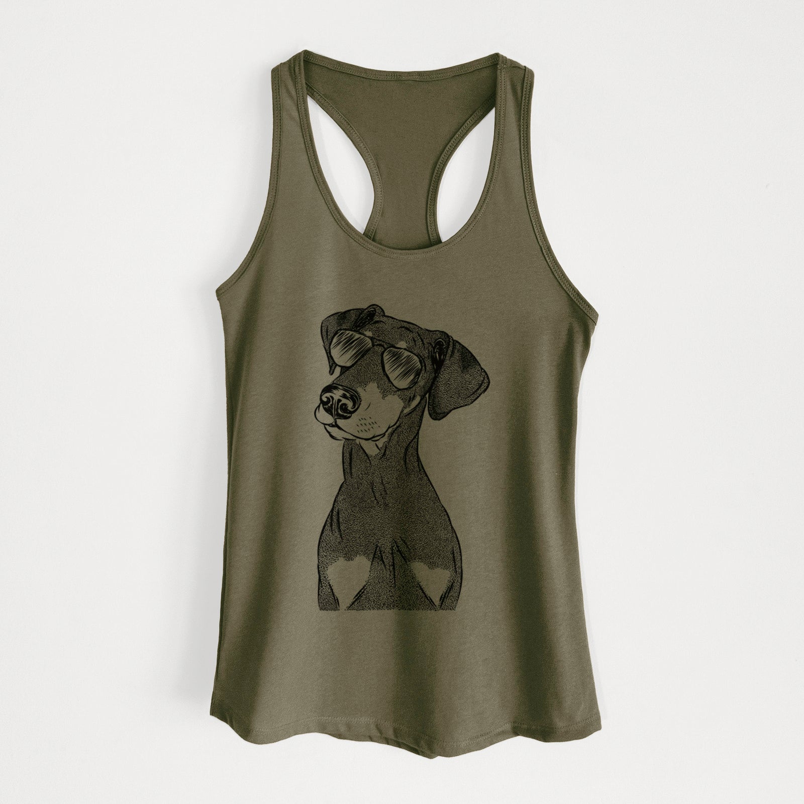 Hand-drawn sketch of Iroh the Doberman Pinscher wearing aviator sunglasses on a Military Green Women's racerback tanktop