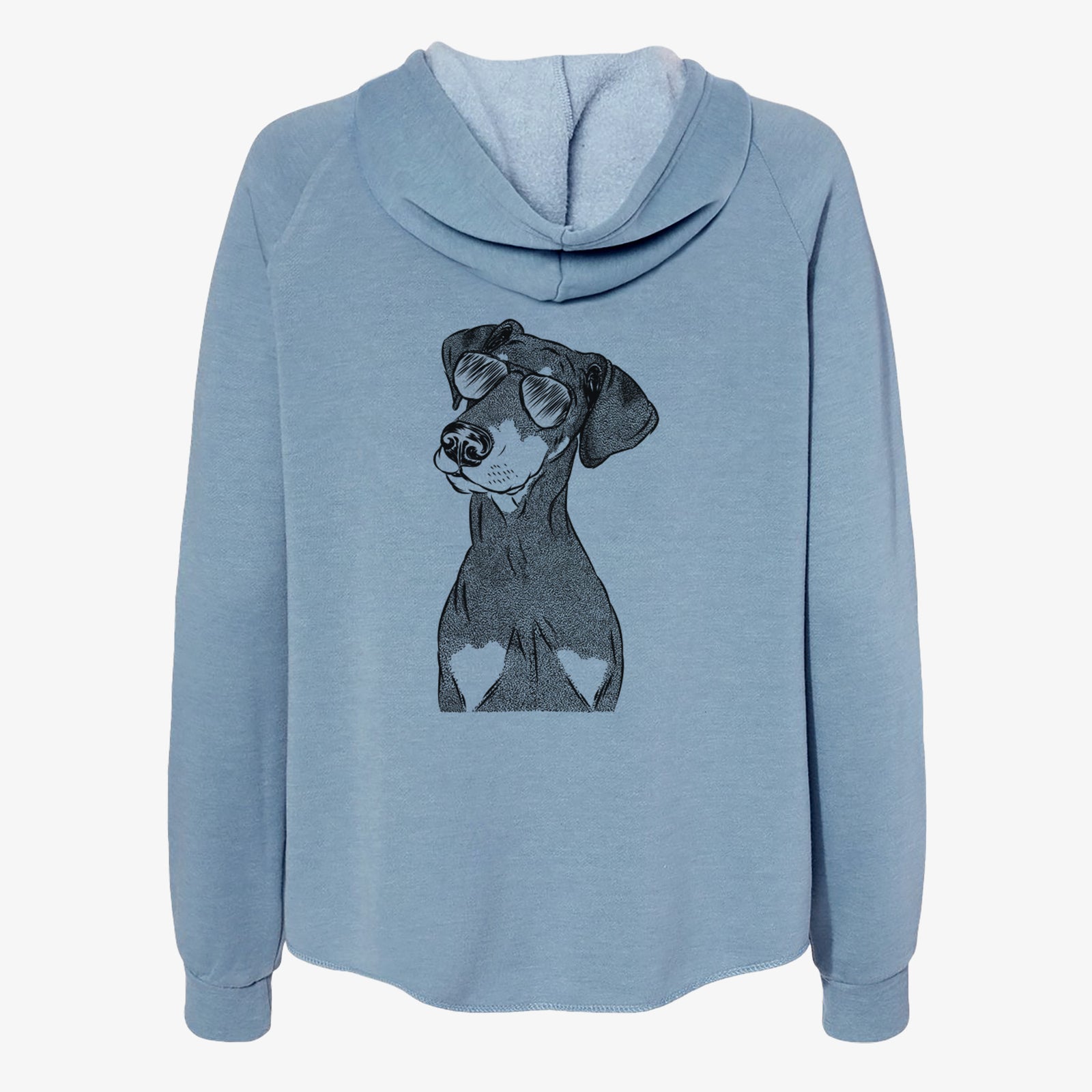 Hand-drawn sketch of Iroh the Doberman Pinscher wearing aviator sunglasses on a Misty Blue Women's cali wave zip-up sweatshirt