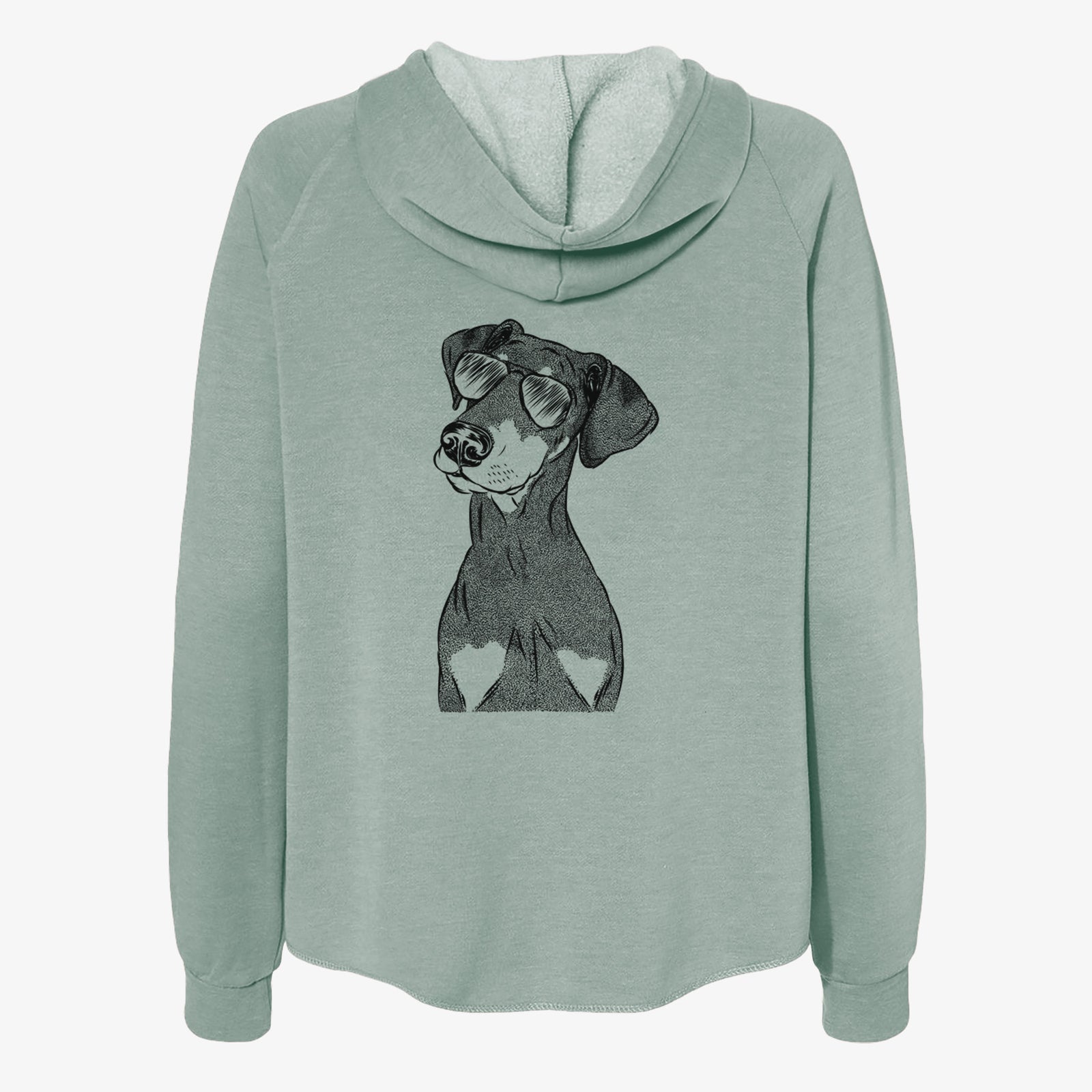 Hand-drawn sketch of Iroh the Doberman Pinscher wearing aviator sunglasses on a Sage Women's cali wave zip-up sweatshirt