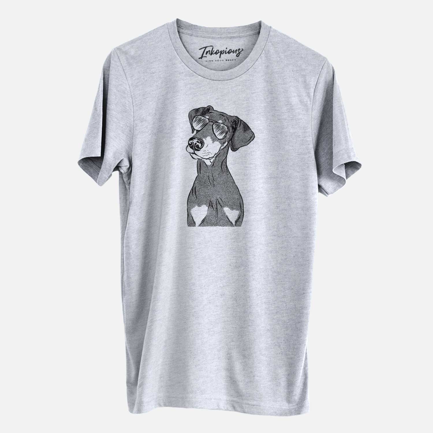 Hand-drawn sketch of Iroh the Doberman Pinscher wearing aviator sunglasses on a Grey Unisex crewneck