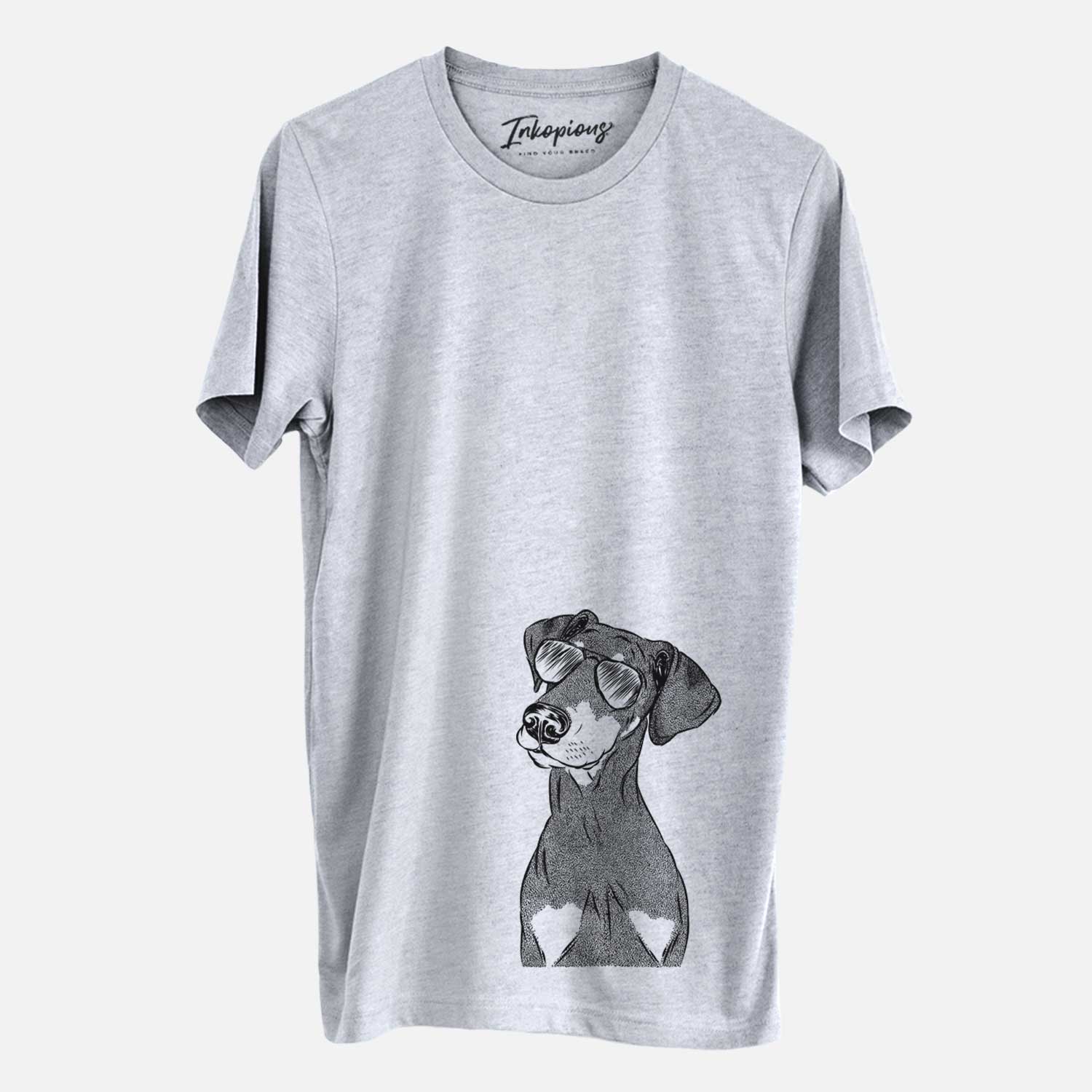 Hand-drawn sketch of Iroh the Doberman Pinscher wearing aviator sunglasses on a Grey Unisex crewneck