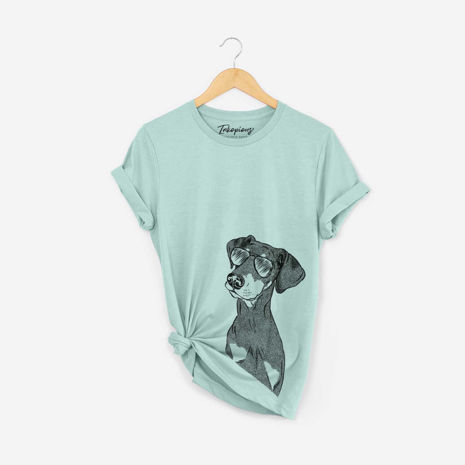 Hand-drawn sketch of Iroh the Doberman Pinscher wearing aviator sunglasses on a Heather Sage Bella Canvas Unisex Crewneck