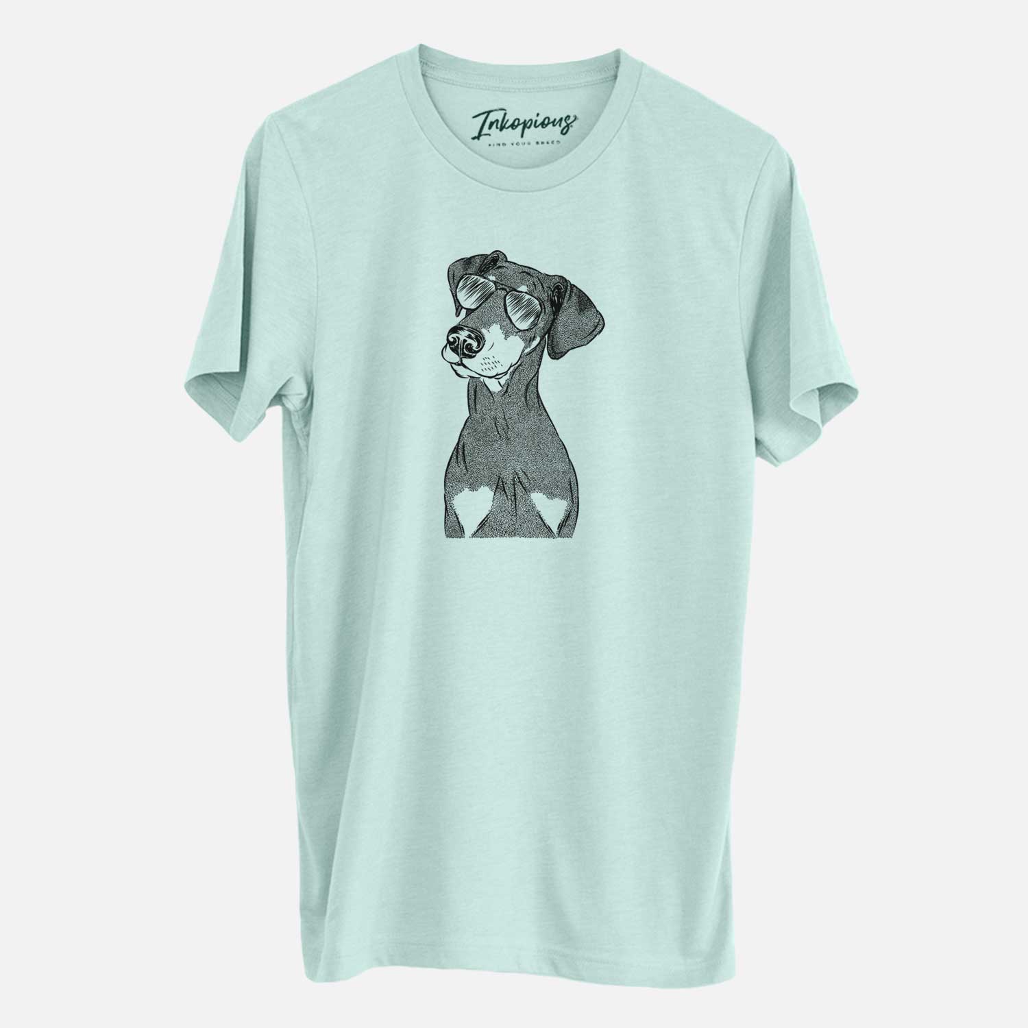 Hand-drawn sketch of Iroh the Doberman Pinscher wearing aviator sunglasses on a Heather Sage Unisex crewneck