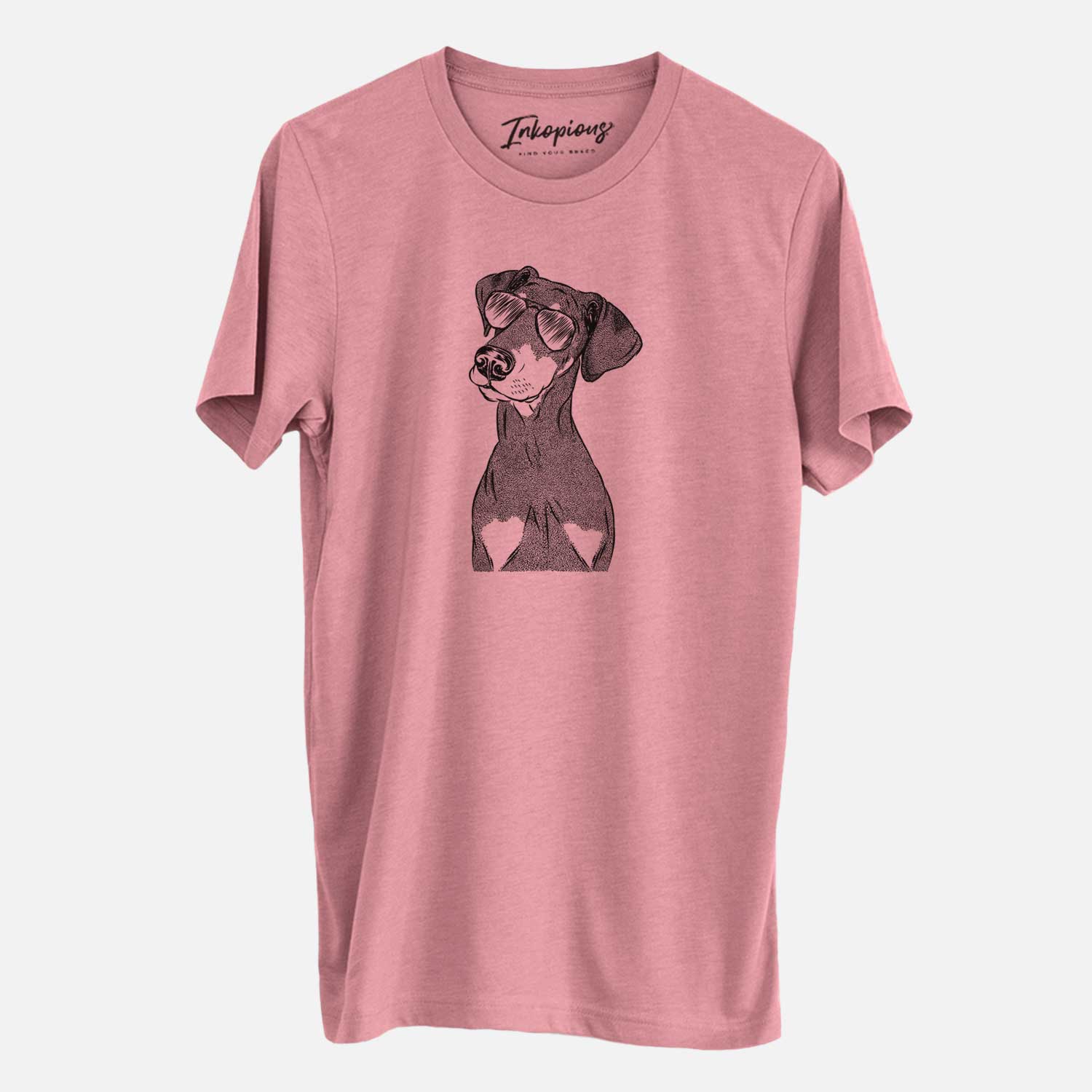 Hand-drawn sketch of Iroh the Doberman Pinscher wearing aviator sunglasses on a Mauve Unisex crewneck