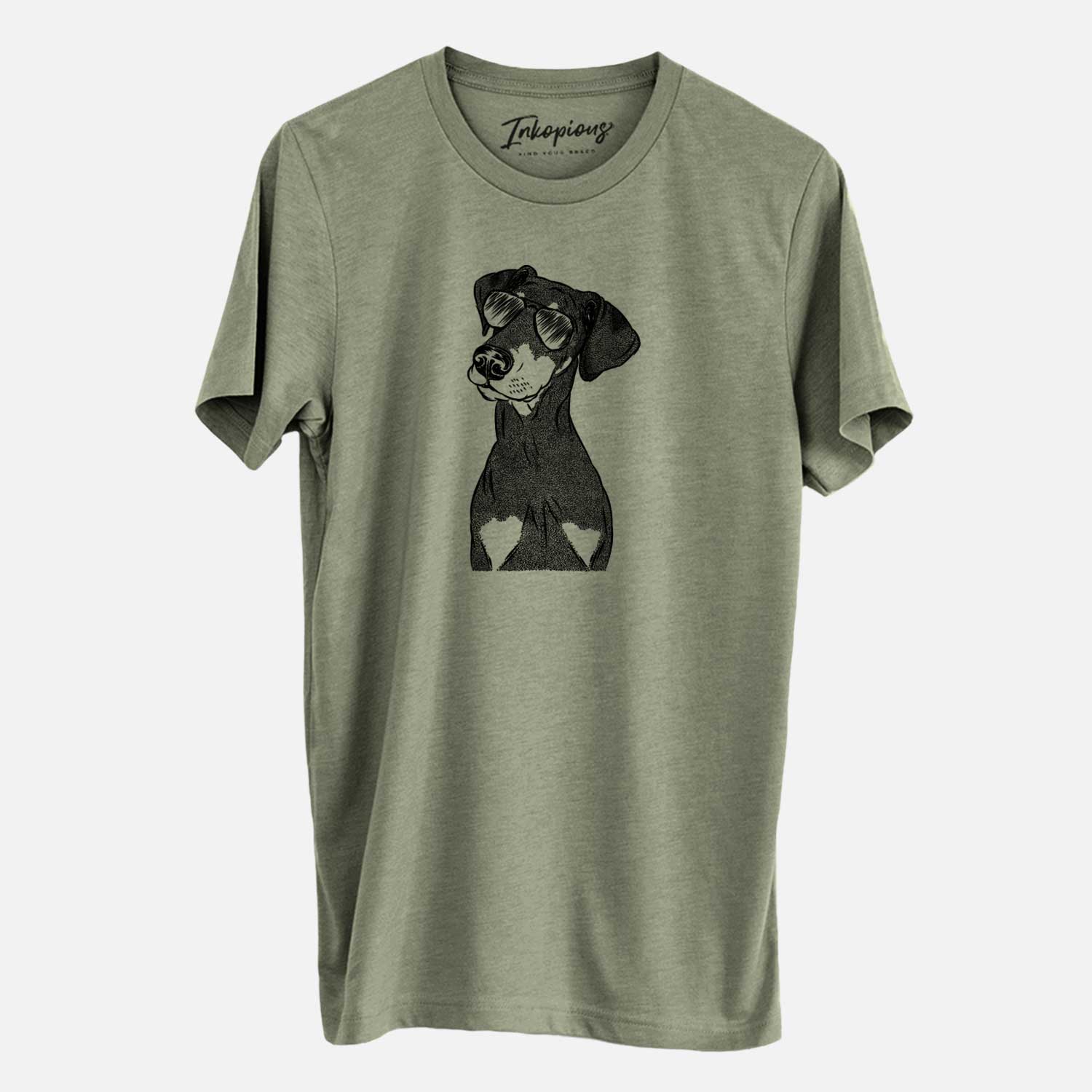 Hand-drawn sketch of Iroh the Doberman Pinscher wearing aviator sunglasses on an Olive Unisex crewneck