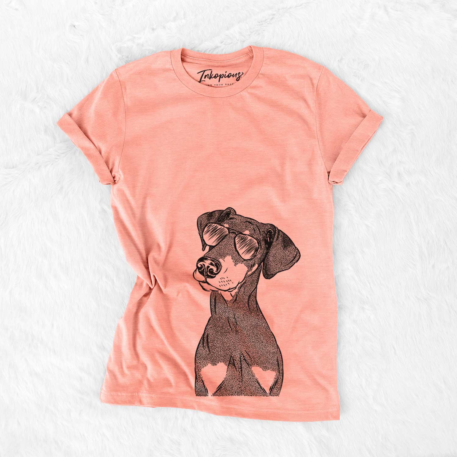 Hand-drawn sketch of Iroh the Doberman Pinscher wearing aviator sunglasses on a Sunset Bella Canvas Unisex Crewneck