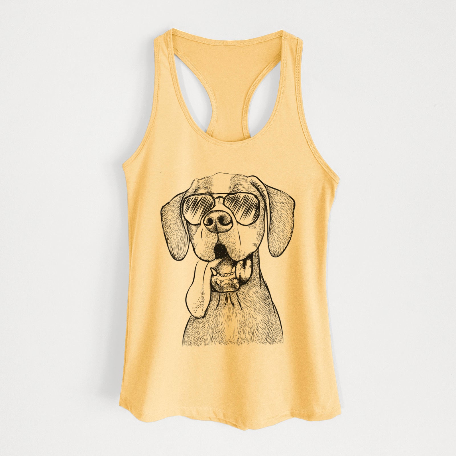 Hand-drawn sketch of Irwin the English Pointer wearing aviator sunglasses on a Banana Cream Women's racerback tanktop