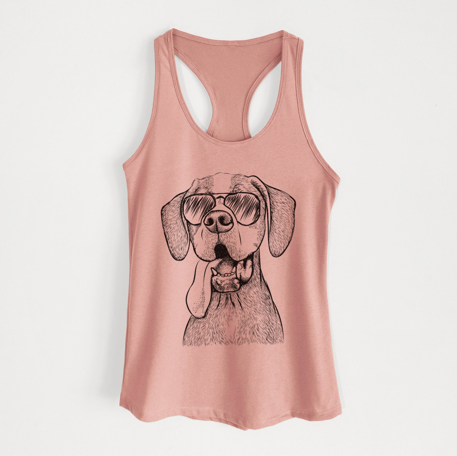 Hand-drawn sketch of Irwin the English Pointer wearing aviator sunglasses on a Desert Pink Women's racerback tanktop