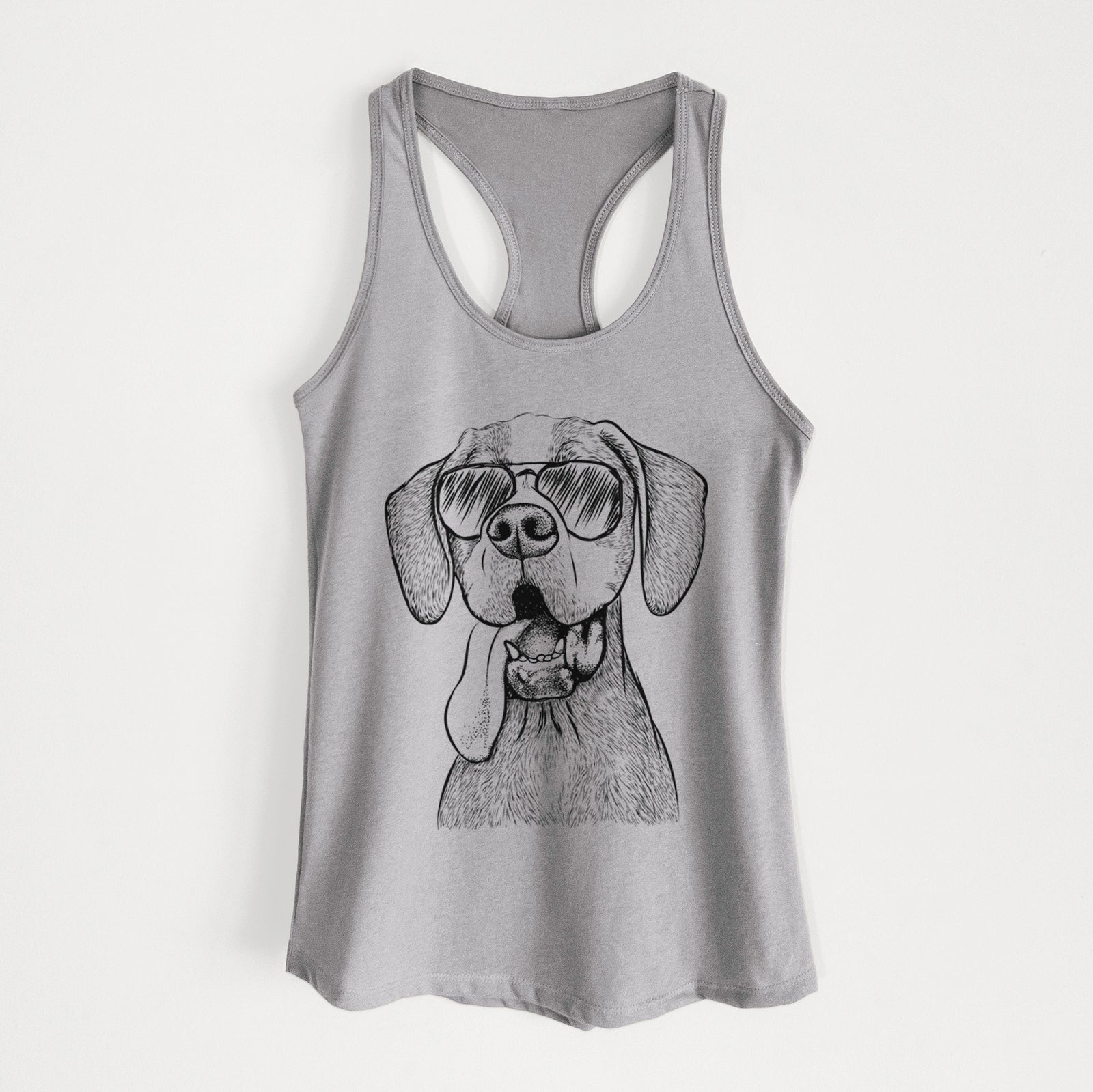 Hand-drawn sketch of Irwin the English Pointer wearing aviator sunglasses on a Heather Grey Women's racerback tanktop