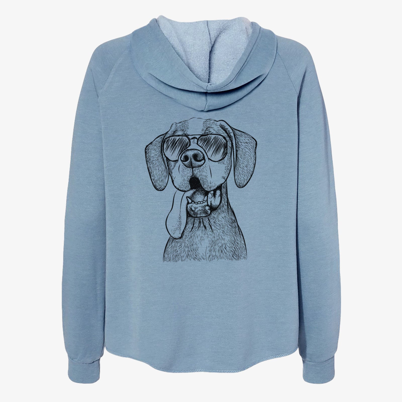 Hand-drawn sketch of Irwin the English Pointer wearing aviator sunglasses on a Misty Blue Women's cali wave zip-up sweatshirt