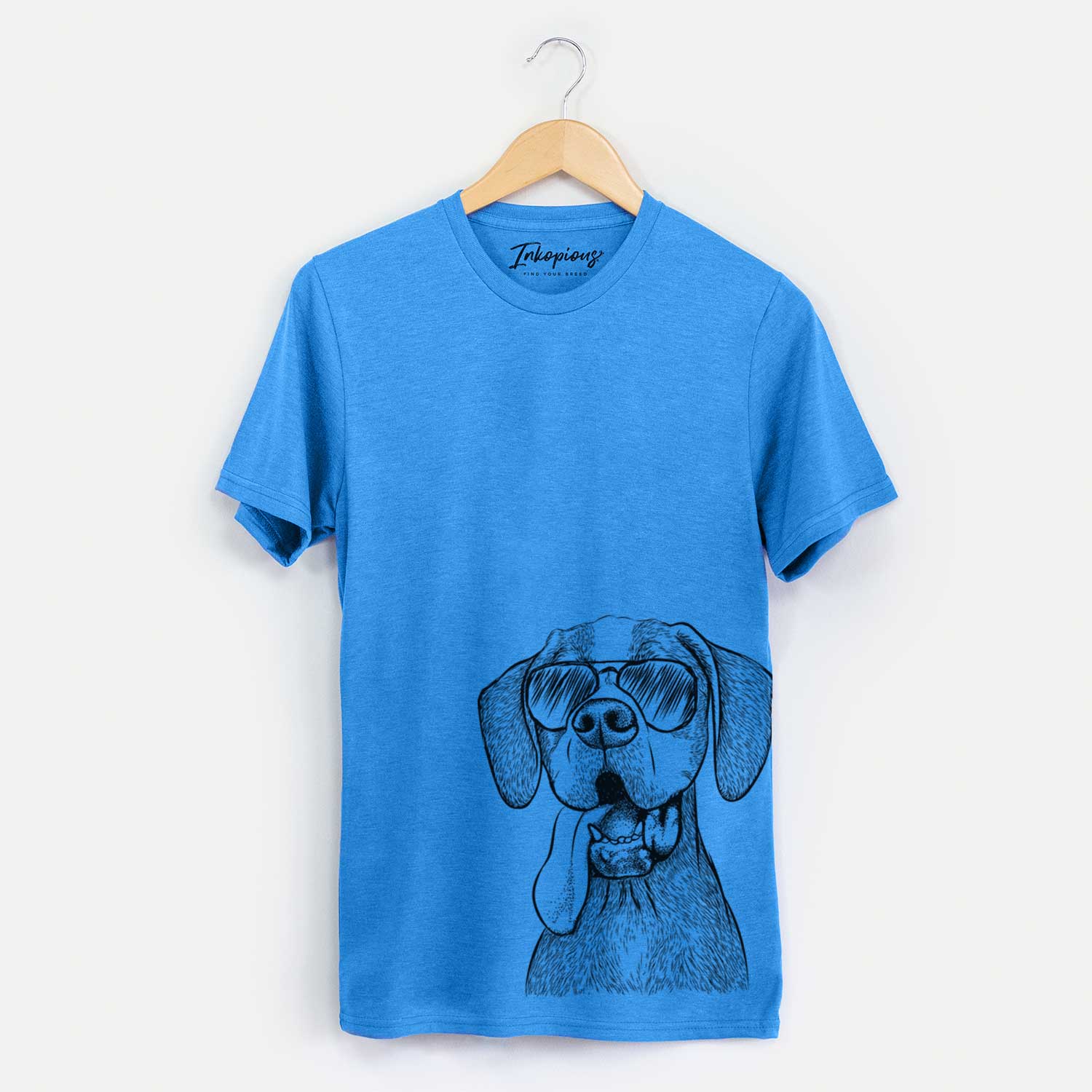 Hand-drawn sketch of Irwin the English Pointer wearing aviator sunglasses on a Blue Unisex crewneck